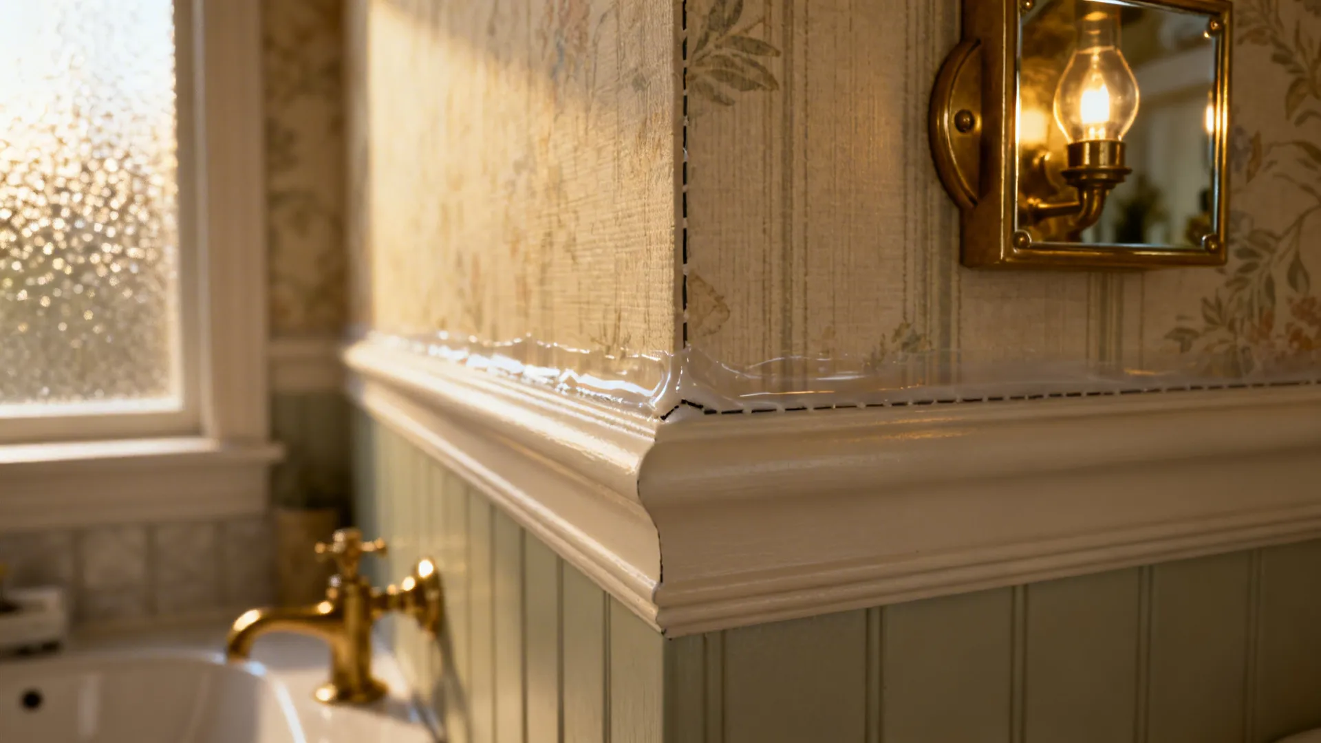 Close-up of a professionally sealed wallpaper seam and corner detail in a powder room.