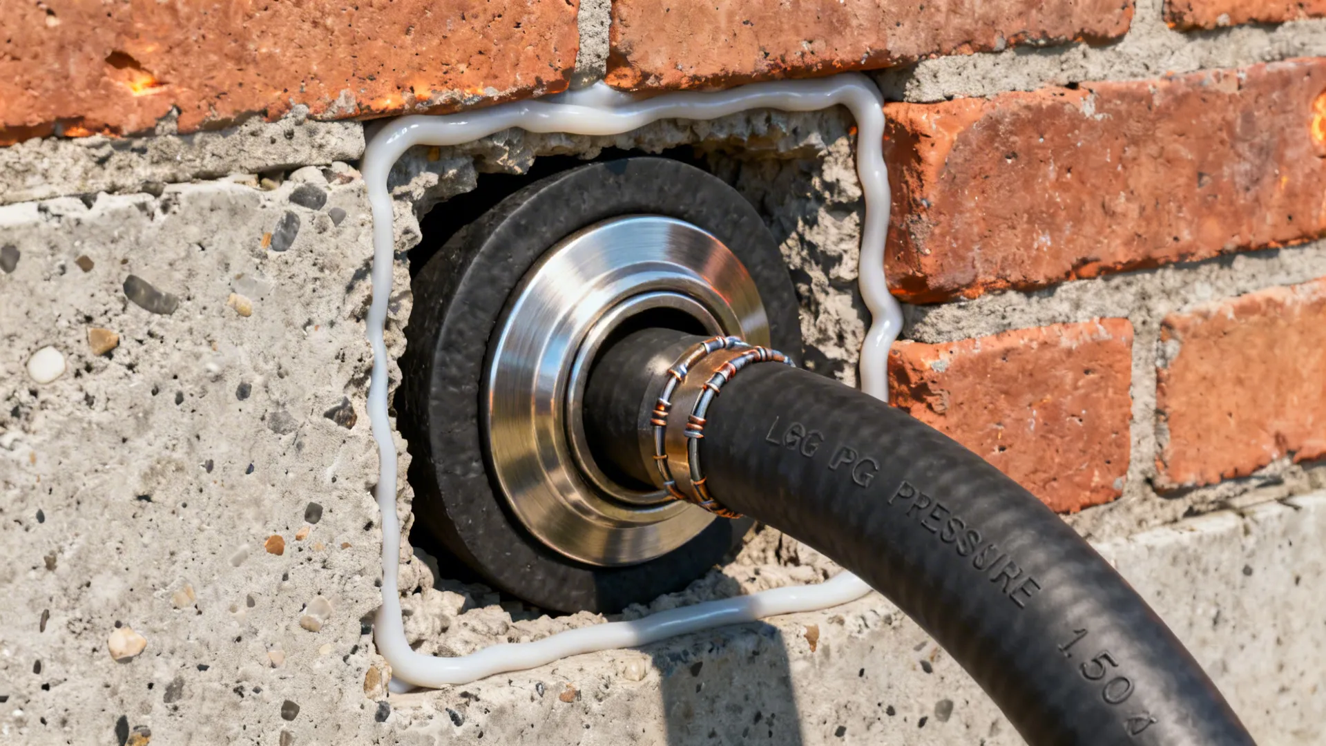 Close-up of a gas hose passing through a metal sealed wall sleeve with fire-resistant grommet and sealant.