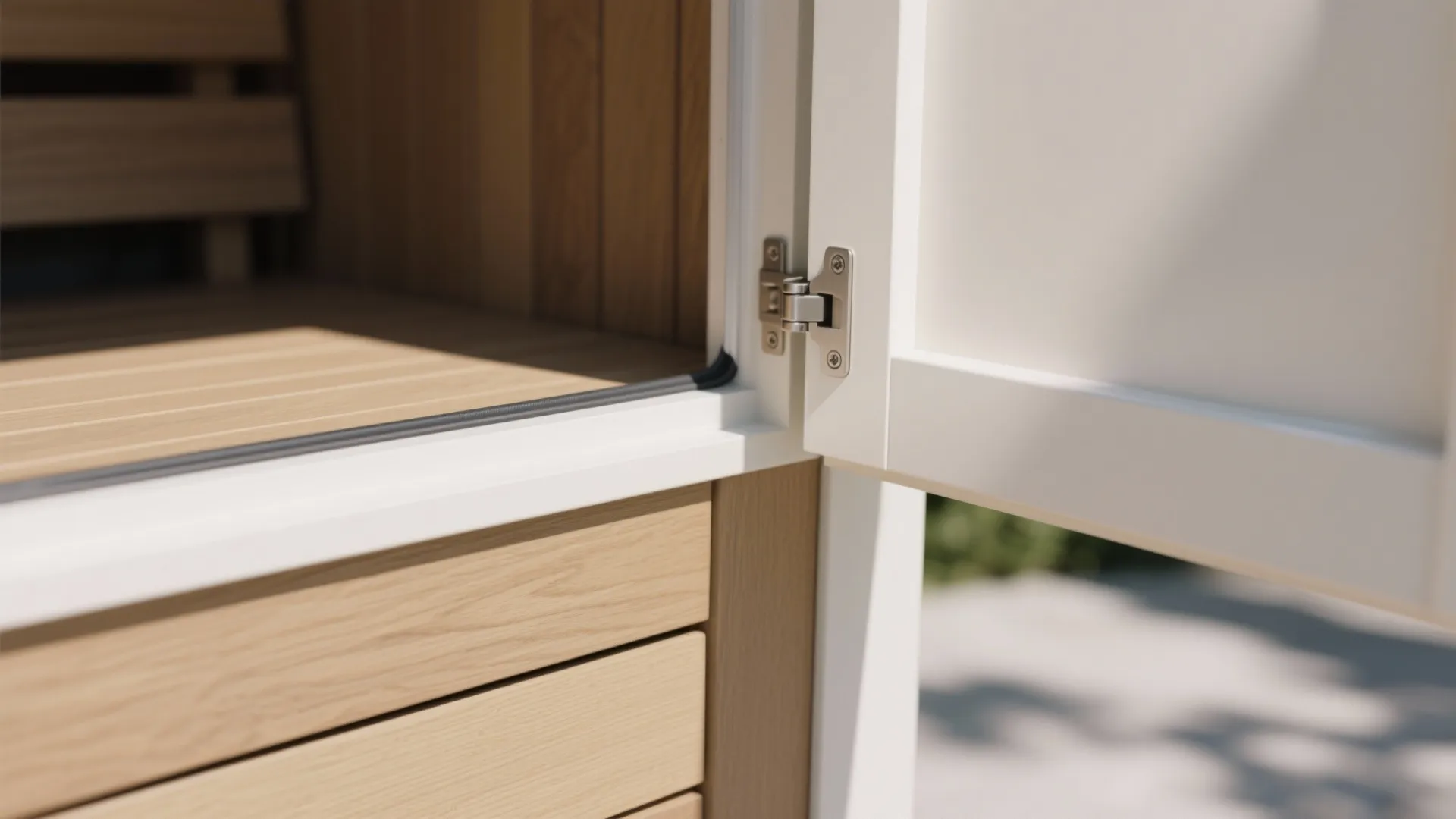 Close up view of a white cabinet door hinge with light wood interior storage and panels