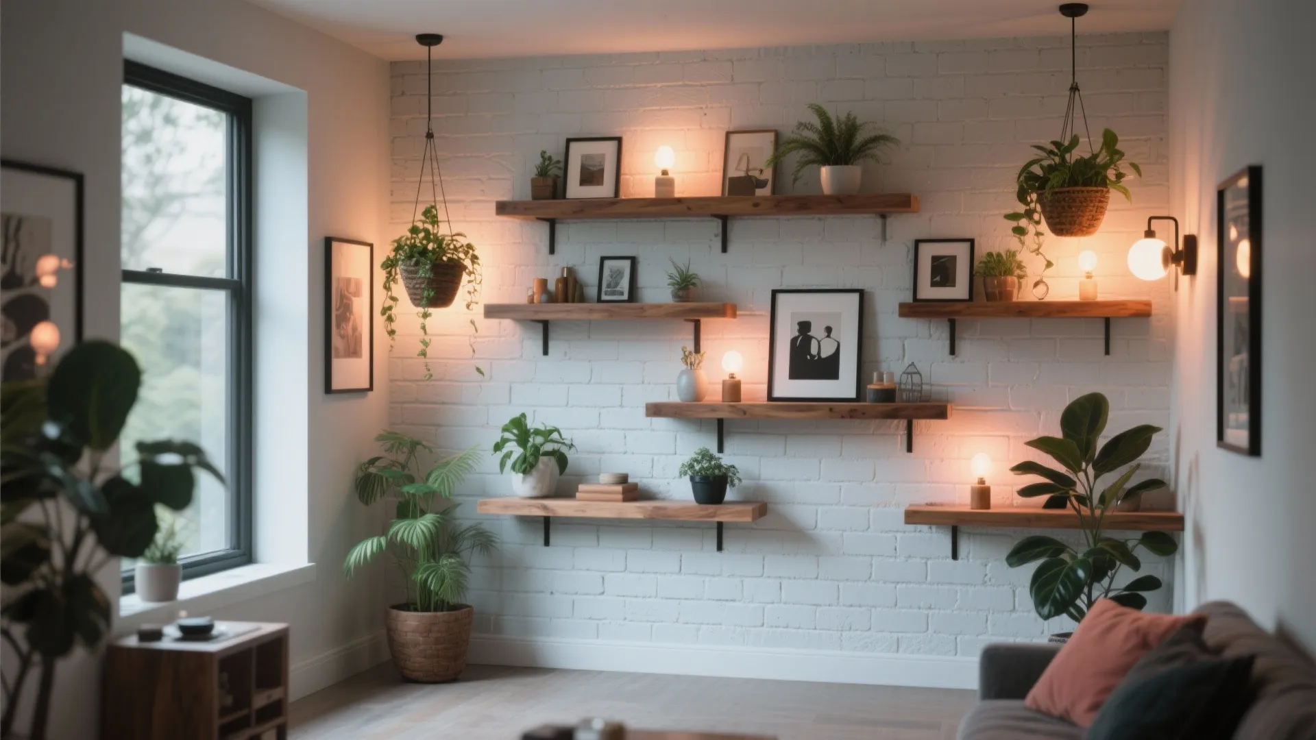Sealed painted cinder block wall accessorized with shelves, warm lights and hanging plants for a polished look.