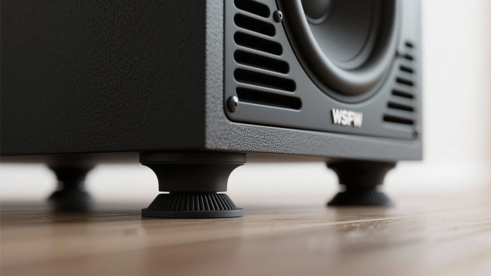 Macro view of a sealed subwoofer corner with isolation feet and cabinet vent detail.