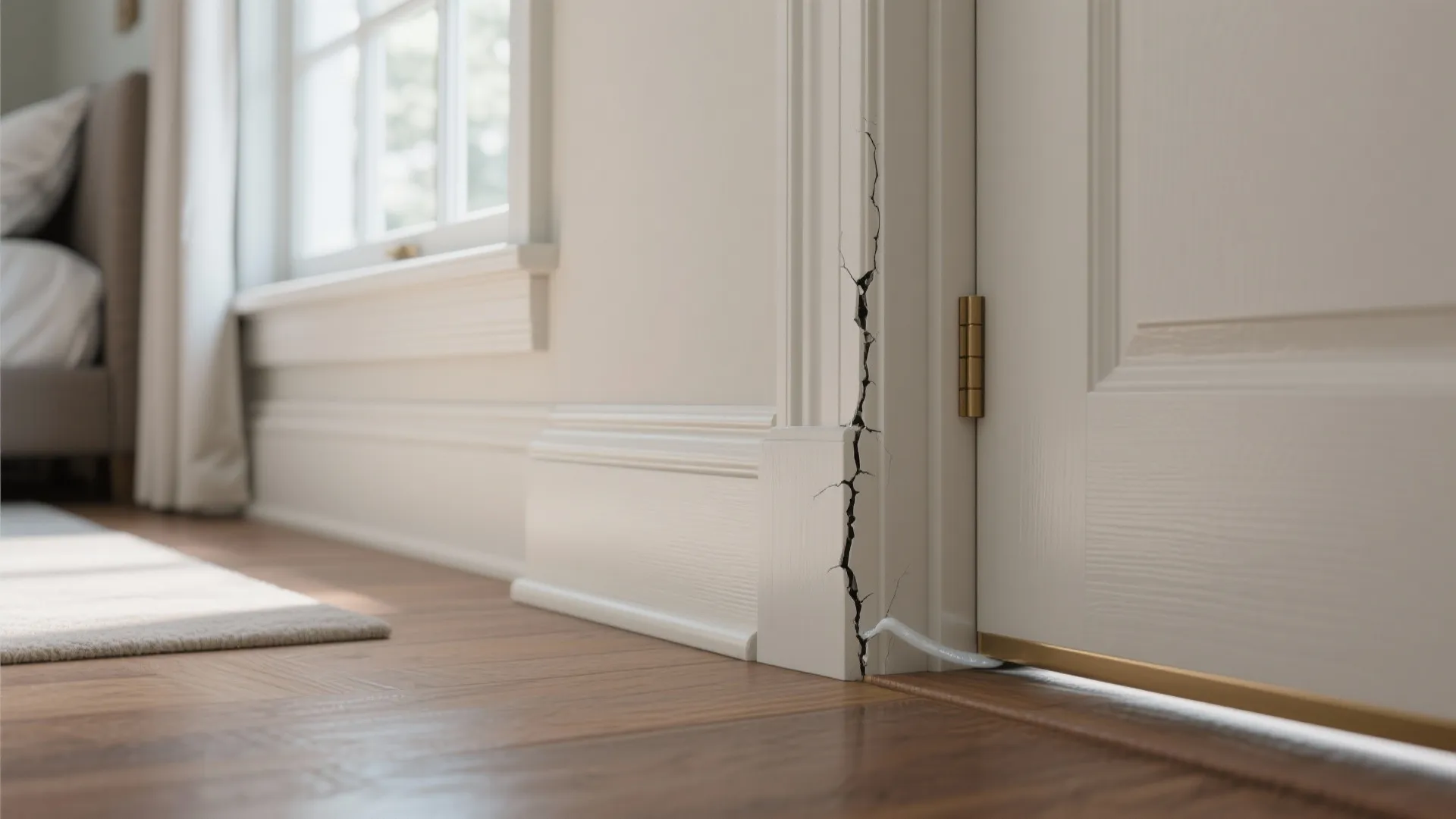 Close-up of sealed window gap and door sweep in a bedroom showing caulking and neat finishes.