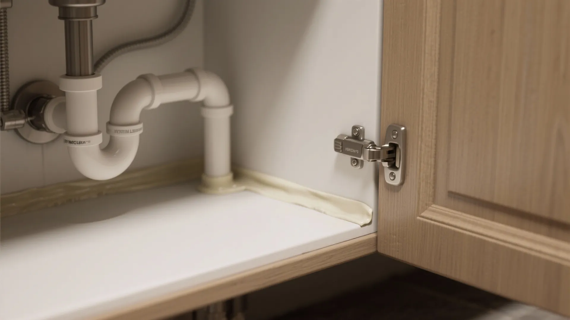 Inside of bathroom cabinet showing white sink pipes metal door hinge and clean white sealant