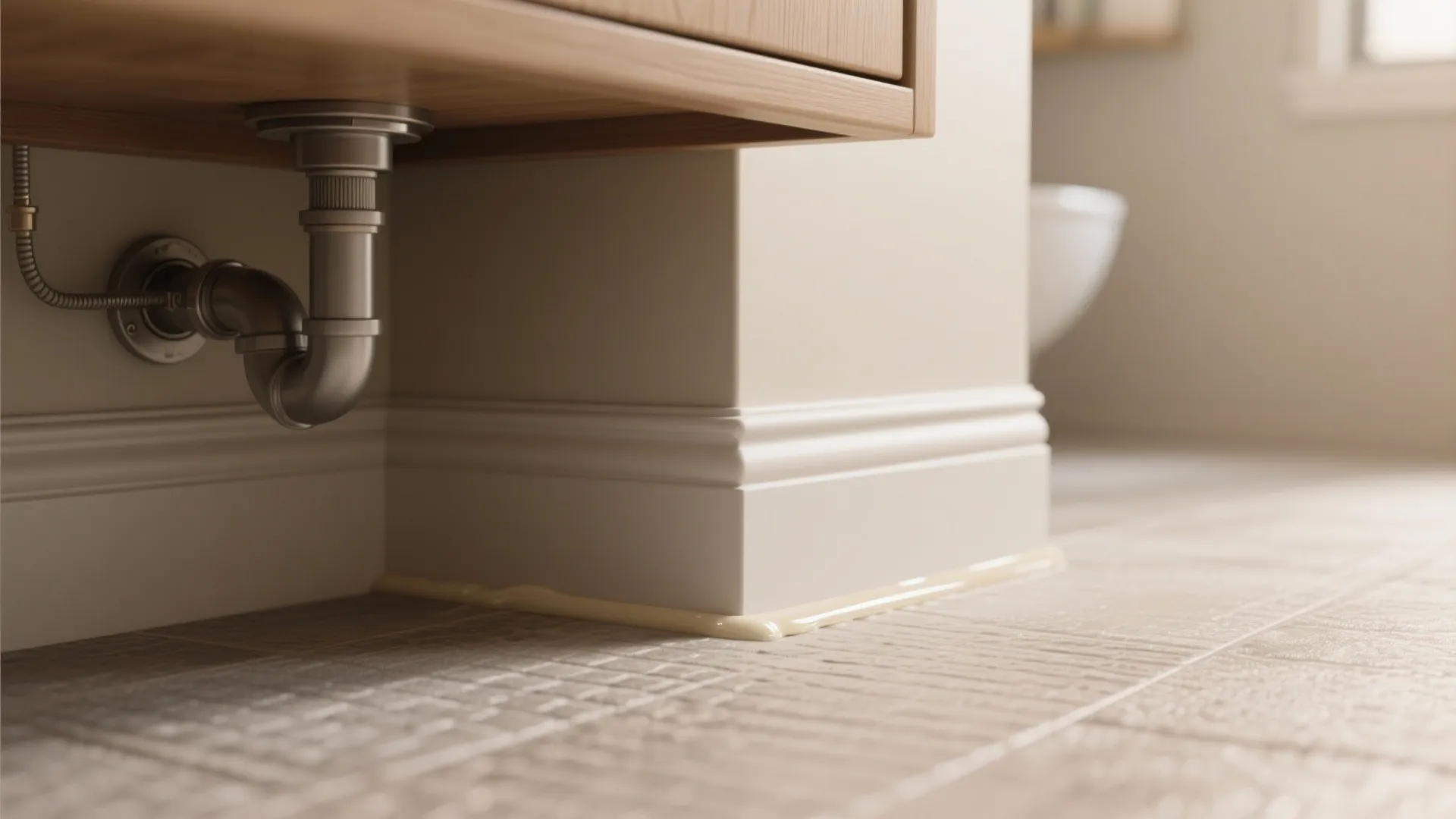 Bathroom cabinet base showing yellow sealant applied to gap between white wall and floor tiles