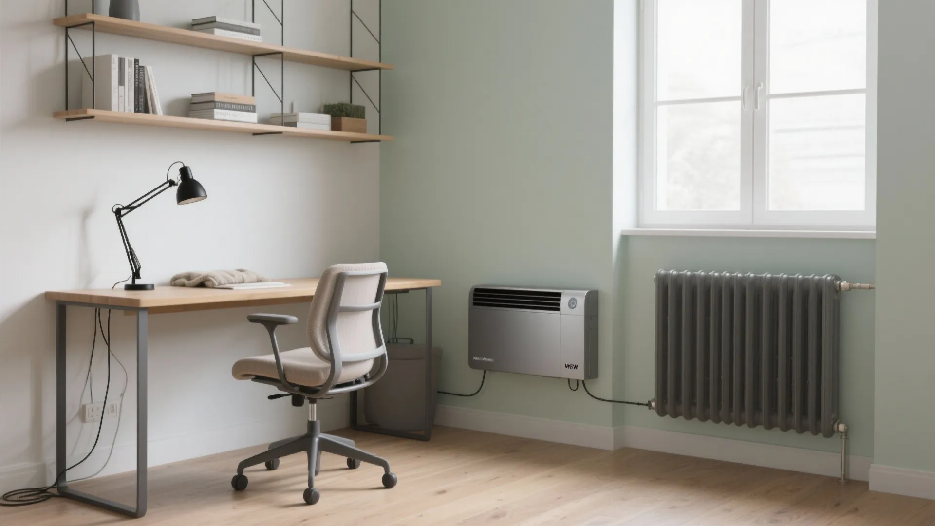Home office with wooden desk black lamp grey chair wall heater and a large window