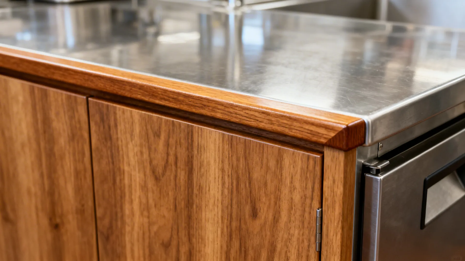 Macro of sealed oak finish and edge banding meeting a stainless countertop.