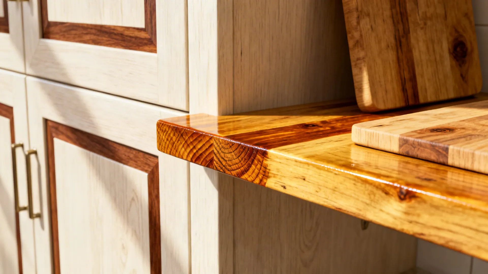 Macro of sealed cypress shelf and end-grain cutting board showing warm wood grain and protective sheen.