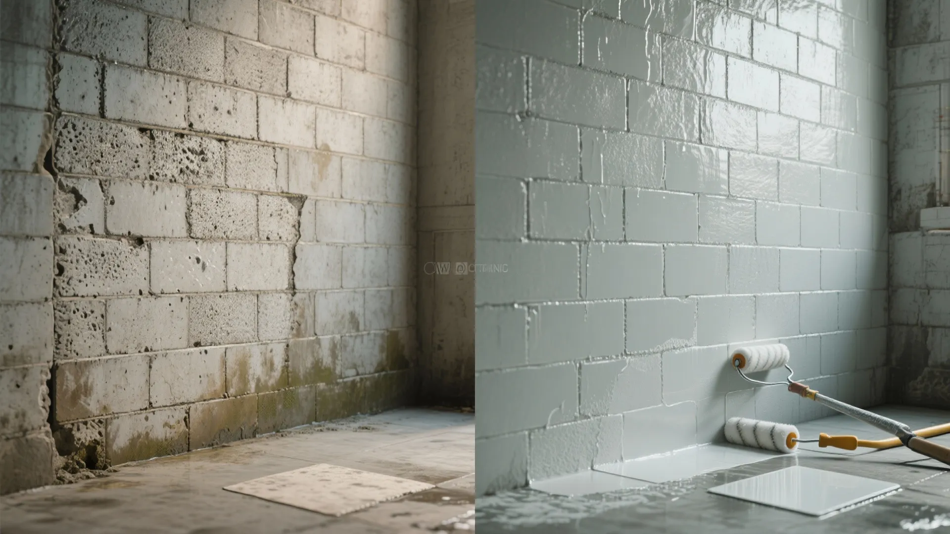 Before and after comparison of a concrete block wall untreated and sealed with a clear elastomeric coating.