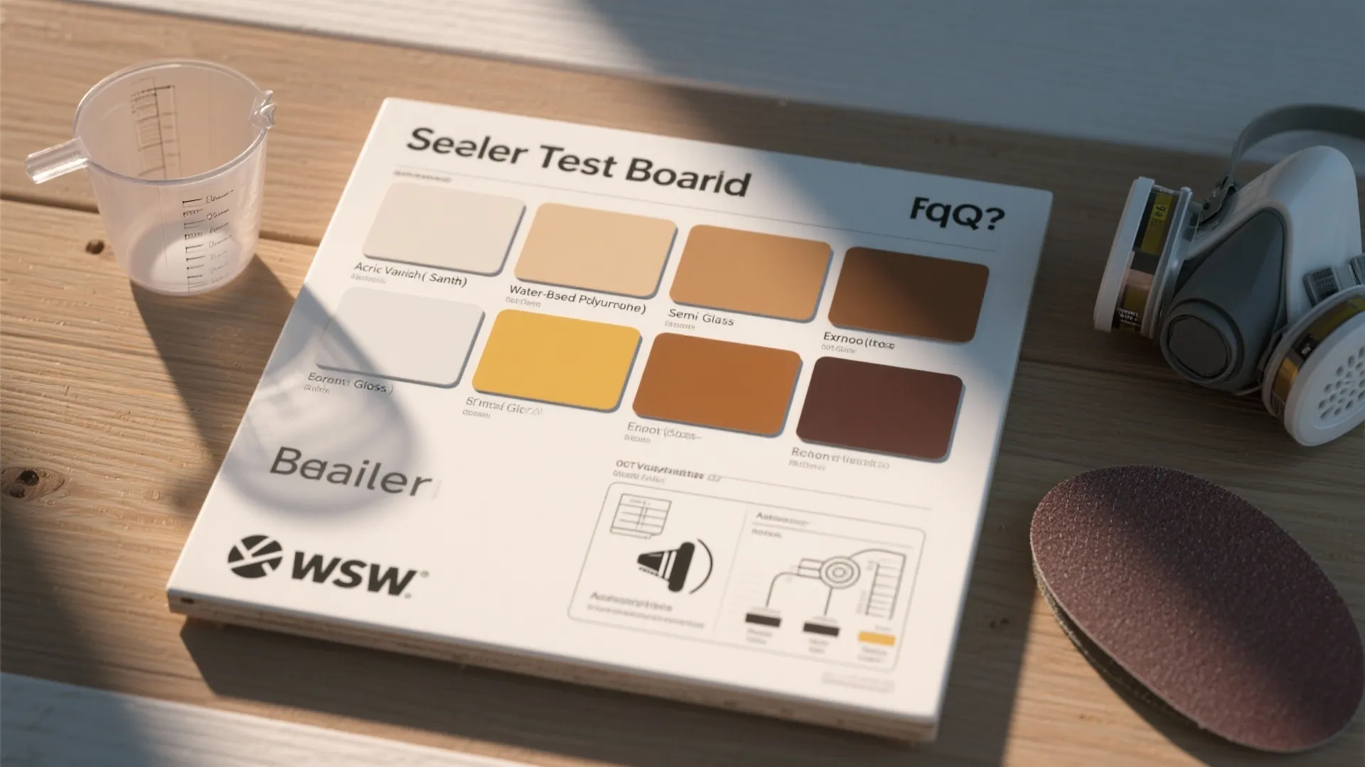Wood table with paint color swatch board plus measuring cup and white safety mask tool