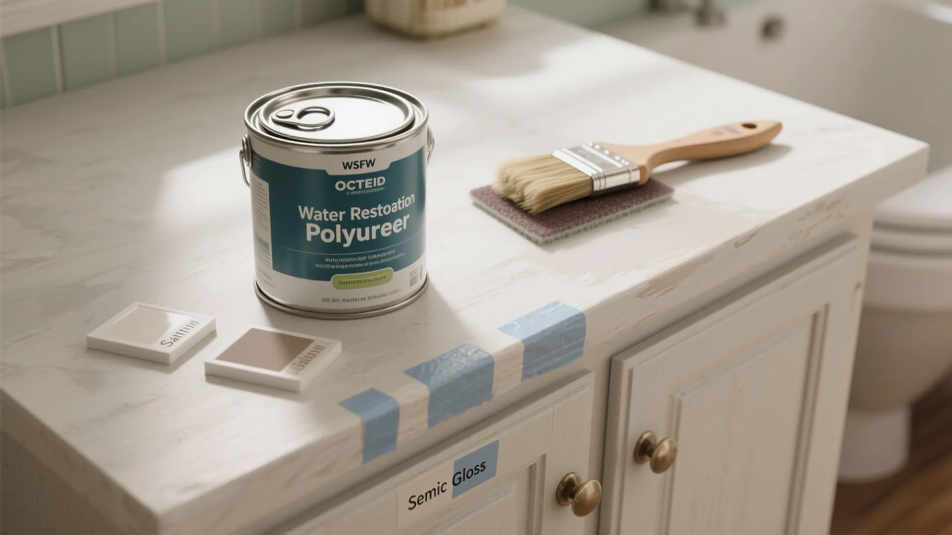 Paint can with brush and color samples on white marble counter for bathroom cabinet painting project