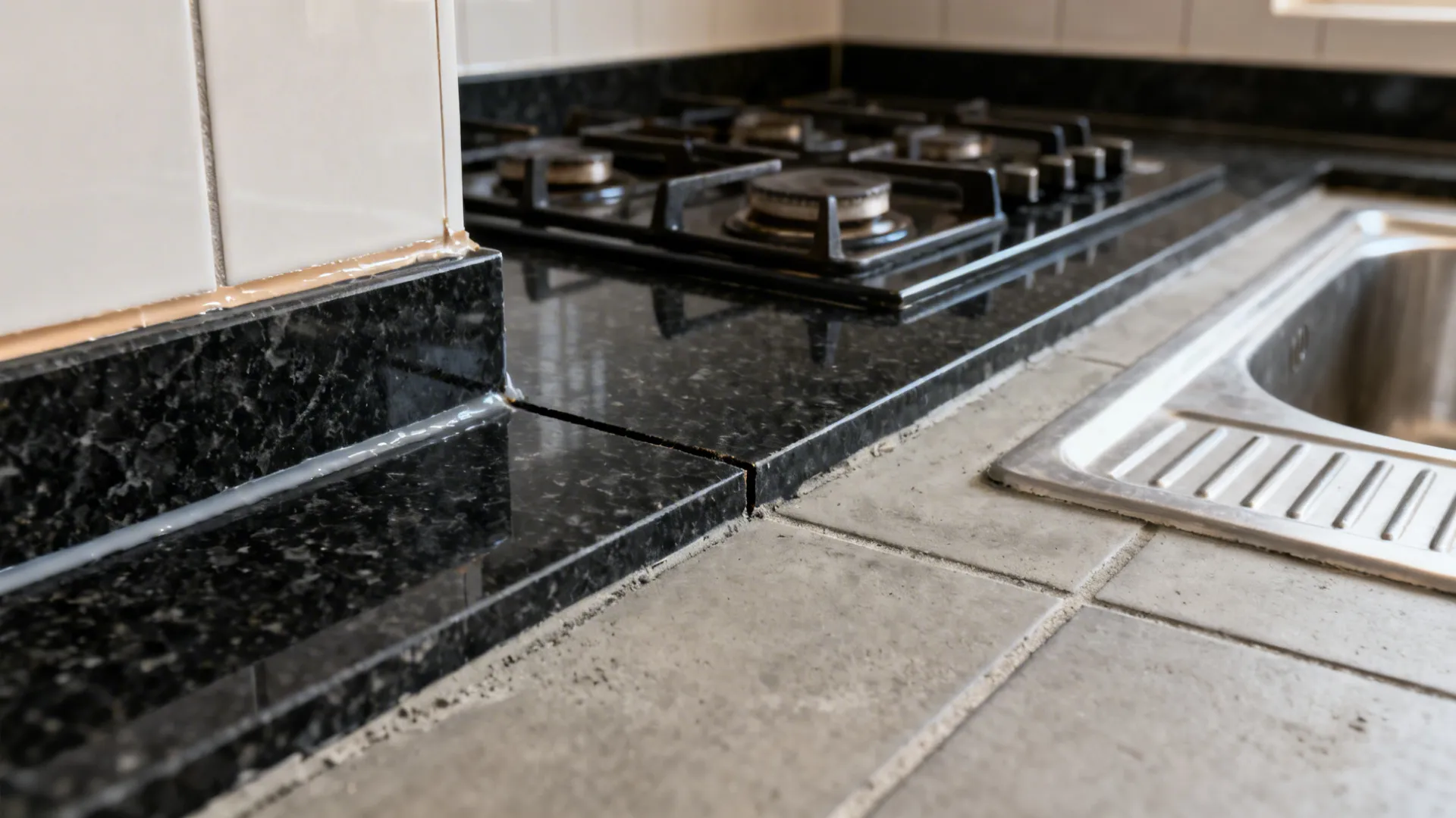 Macro of a book-matched granite seam with clean epoxy backsplash grout and drainboard grooves.