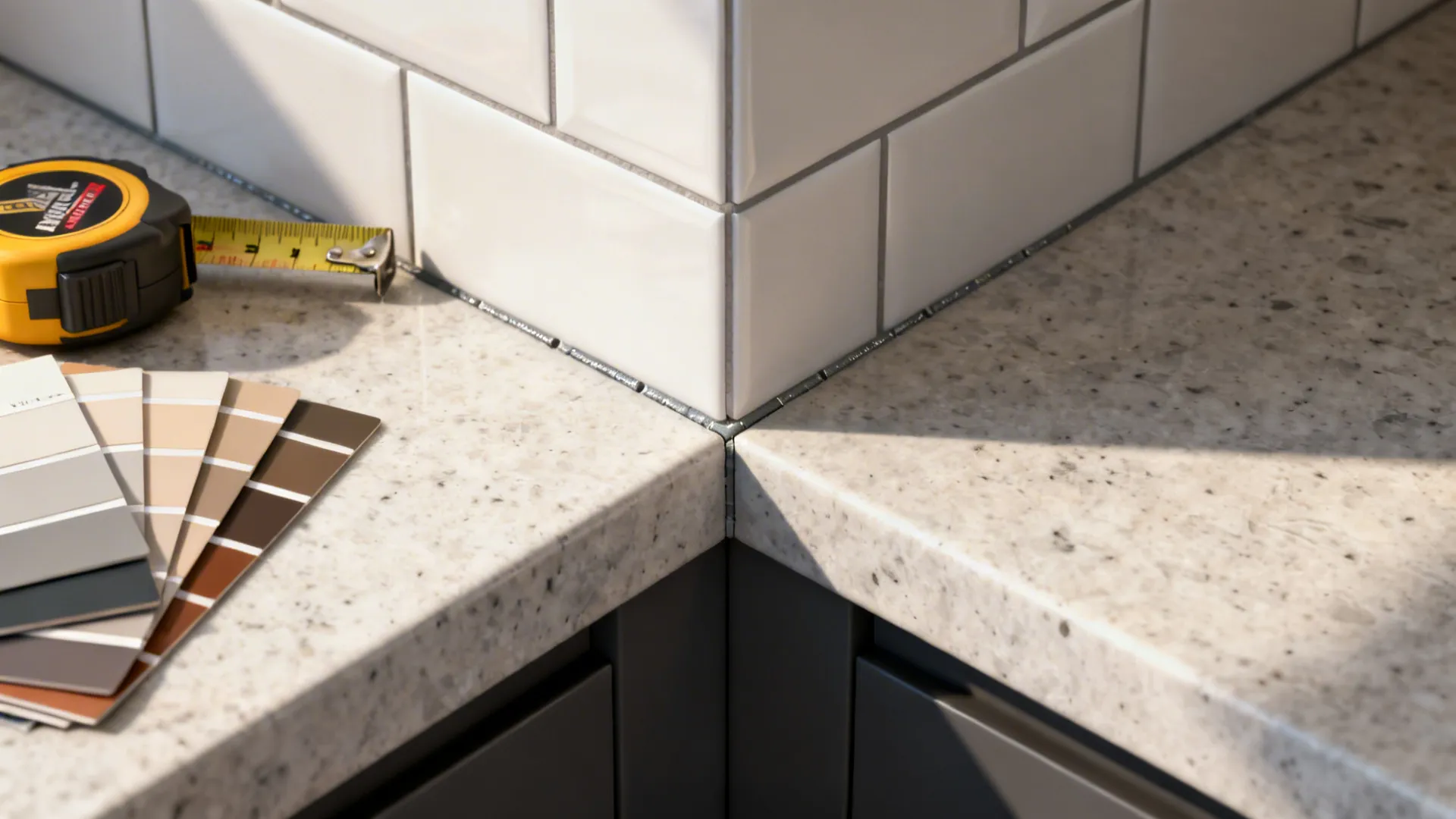Close-up of countertop seam, measuring tape and material samples showing sightline planning.