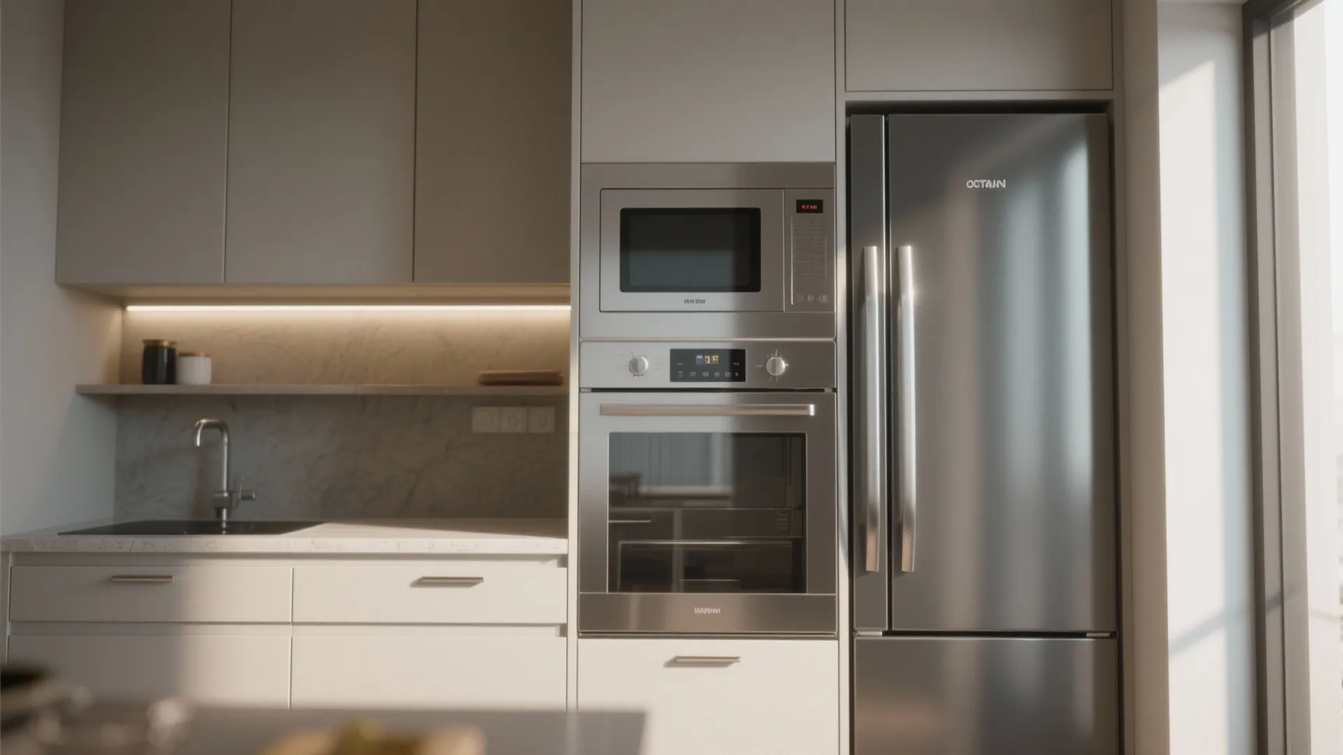 Modern kitchen with built-in microwave oven and large stainless steel refrigerator next to white cabinets