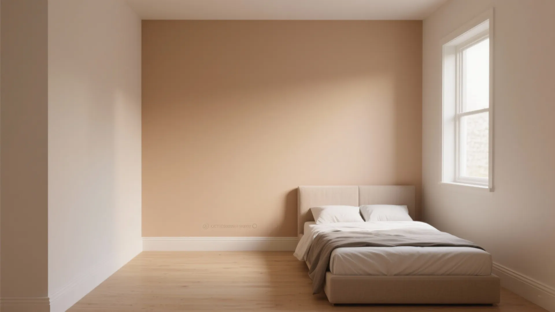 Compact studio bedroom with walls and baseboards painted the same neutral color, creating a continuous plane.