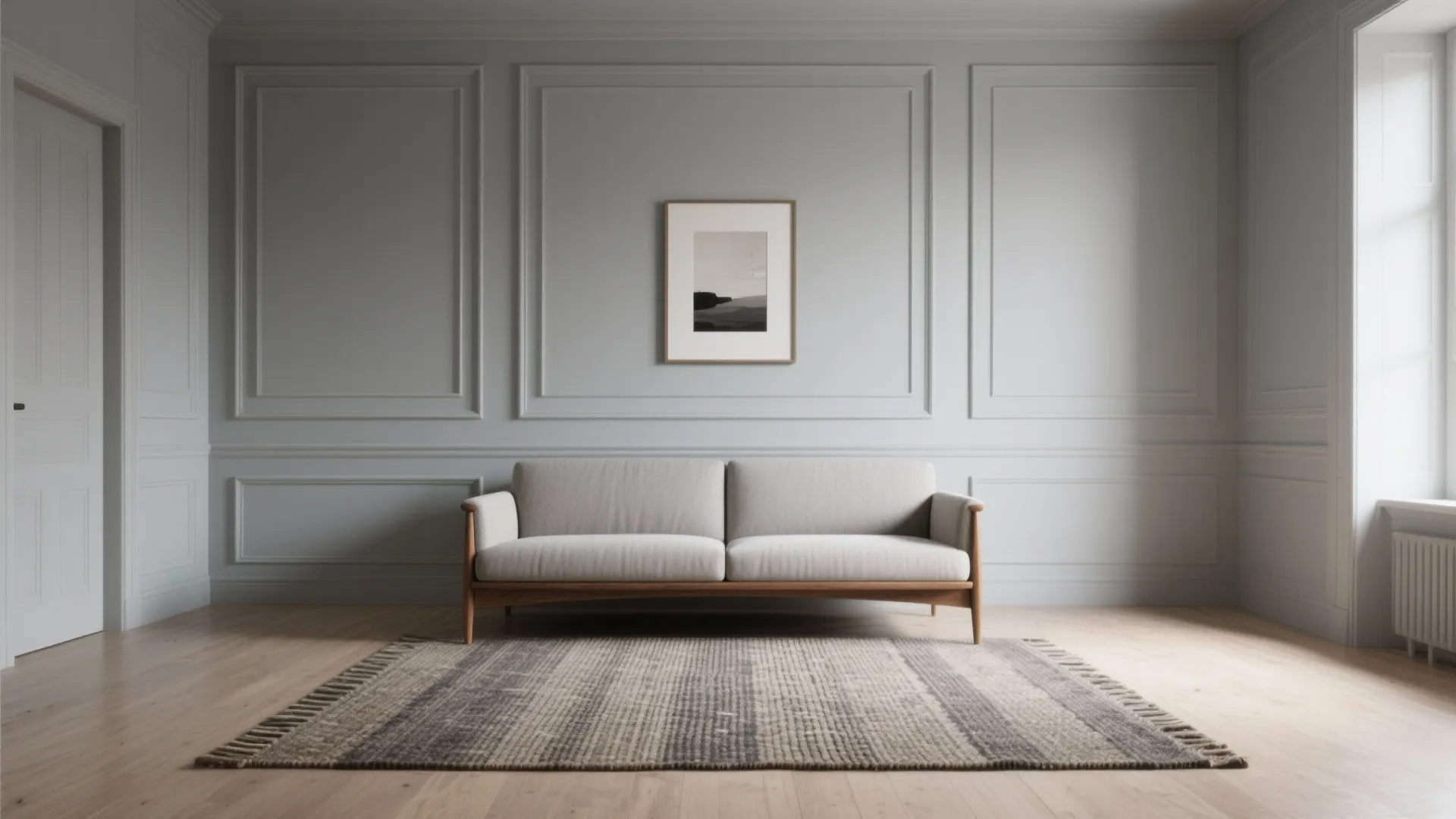 Modern living room with grey sofa, wooden floor, wall panel, rug, and soft window light