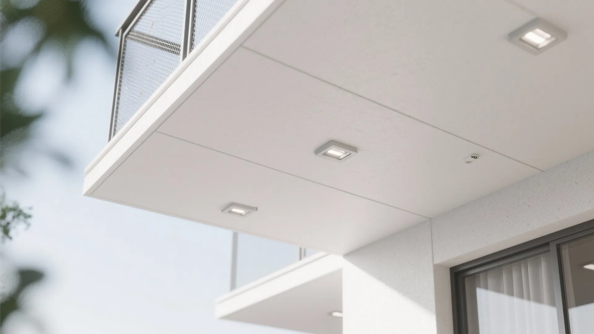 White balcony ceiling with square light fixtures and a metal railing under a bright sky