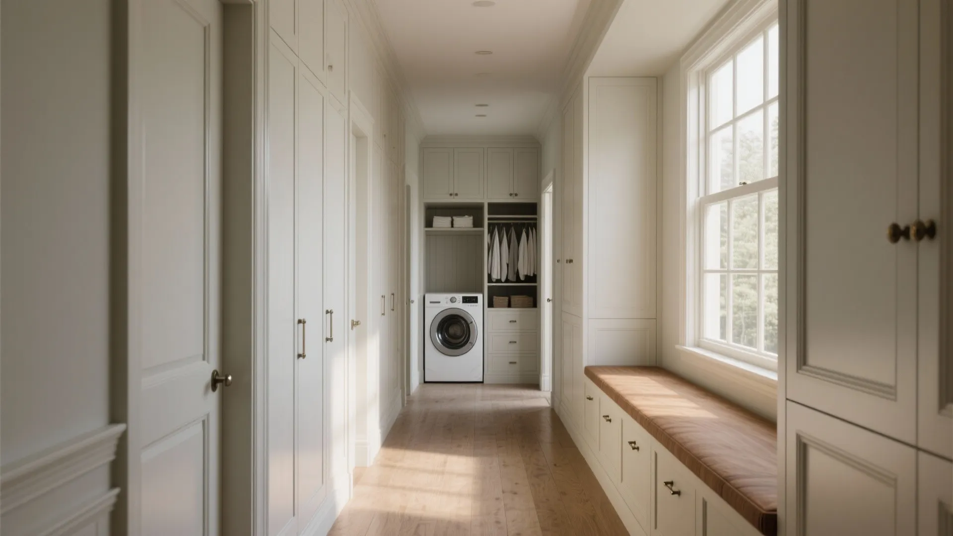 Hallway with seamless paneled built-ins and window bench concealing storage and laundry.