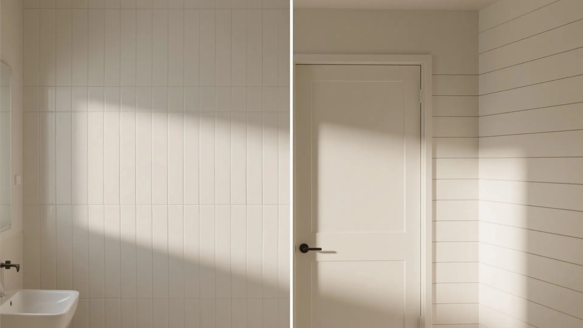 Before and after comparison of vertical wall tiles and horizontal white wood wall panel design