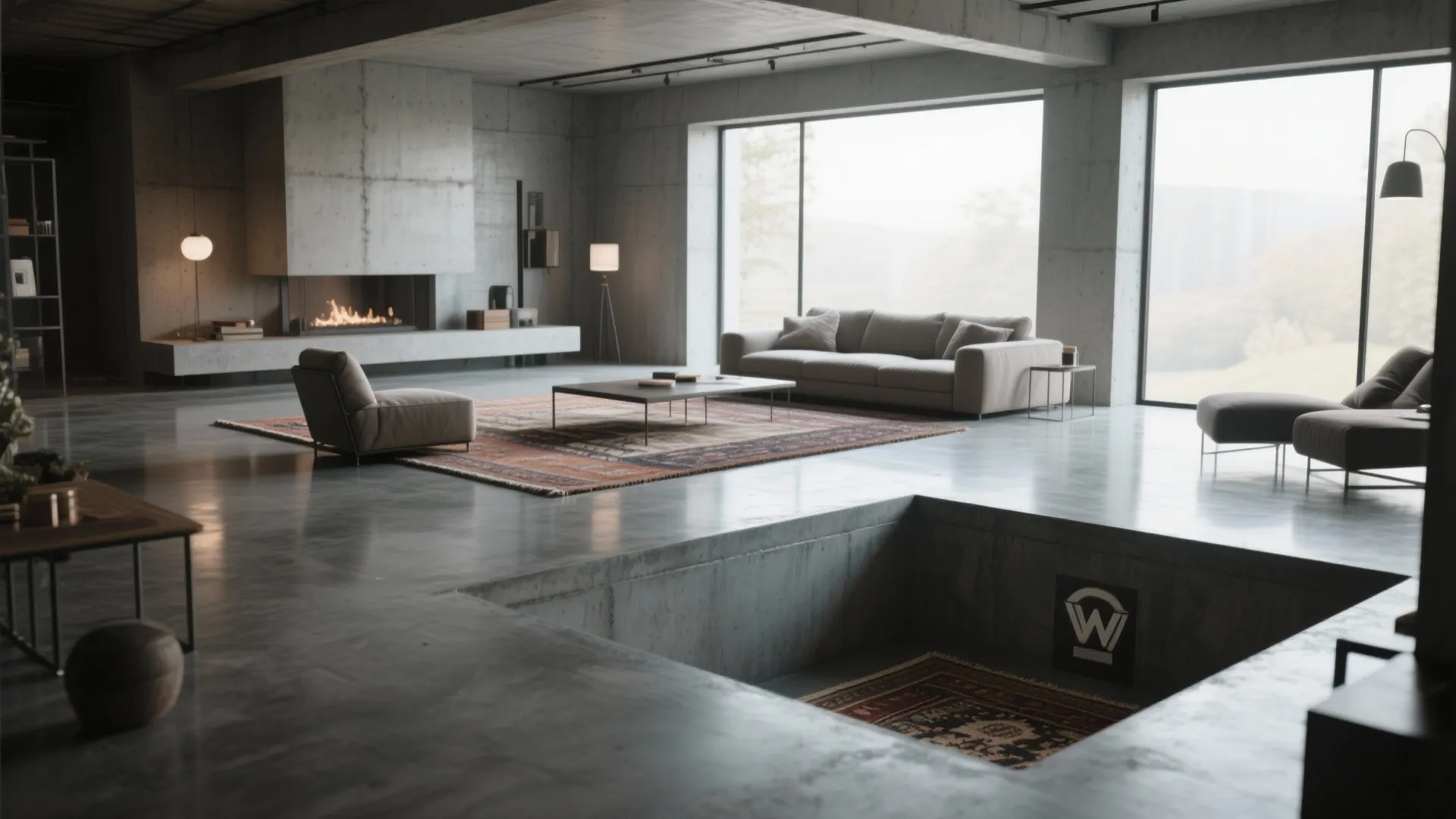 Modern living room with concrete floor grey sofa large windows fireplace and sunken floor area