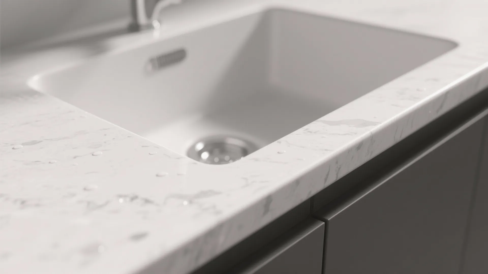 Close-up of a white undermount sink seamlessly integrated into a quartz countertop with a sealed joint.
