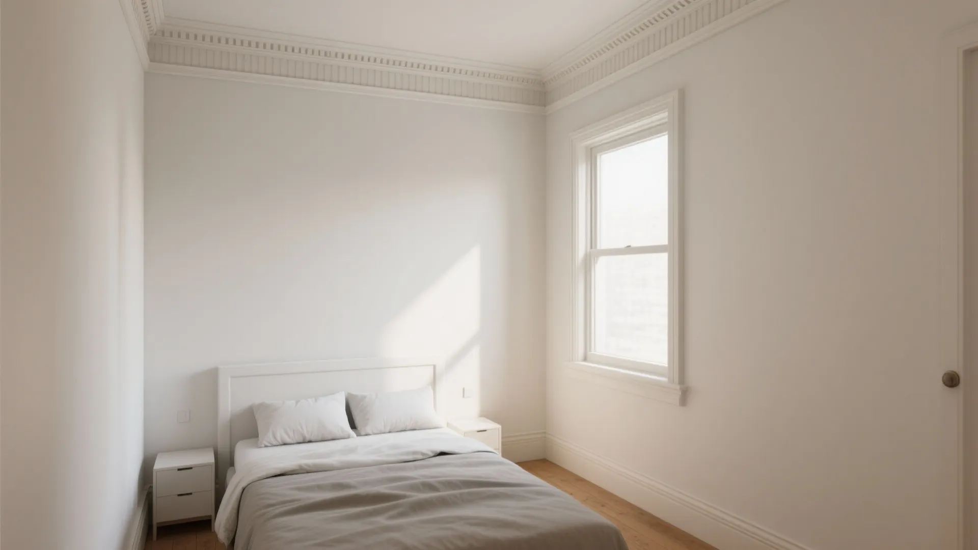 Minimalist white bedroom interior with grey bedding bed side tables and natural light through windows