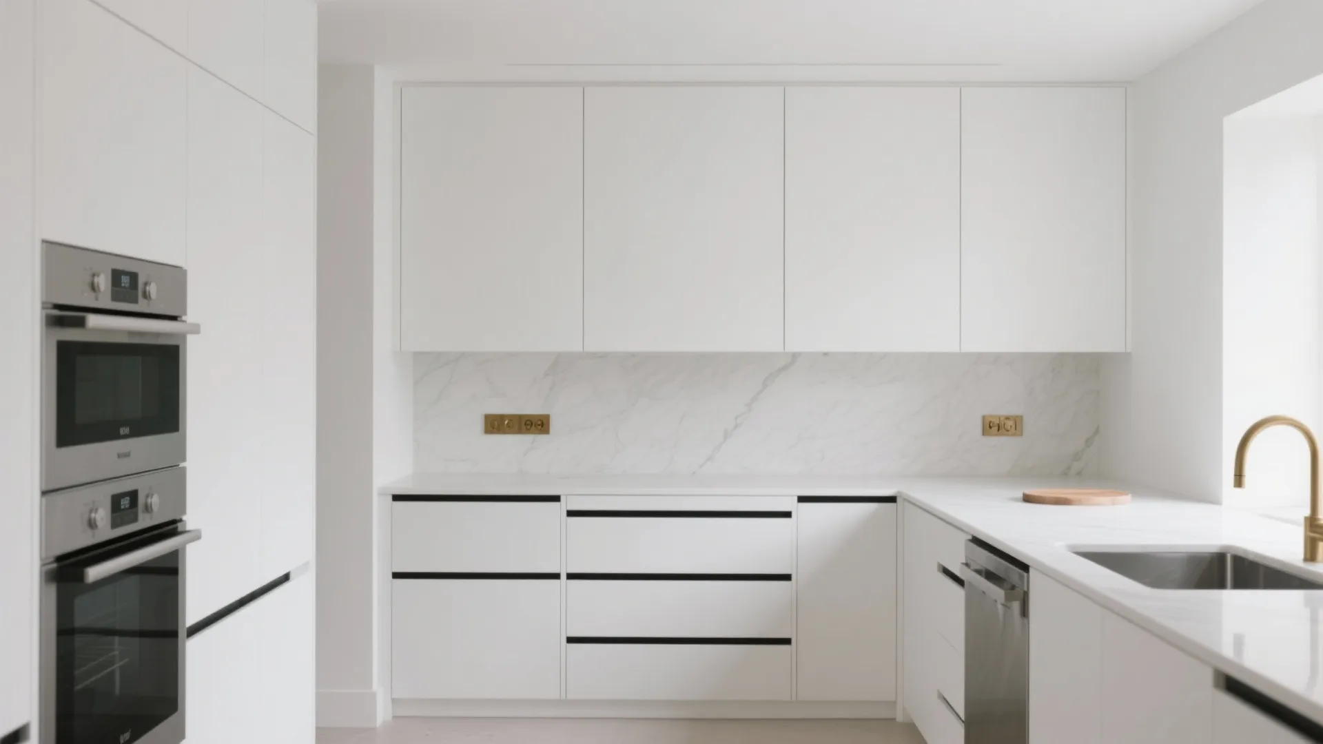 Modern white kitchen with marble backsplash gold faucet white cabinets and built in wall ovens