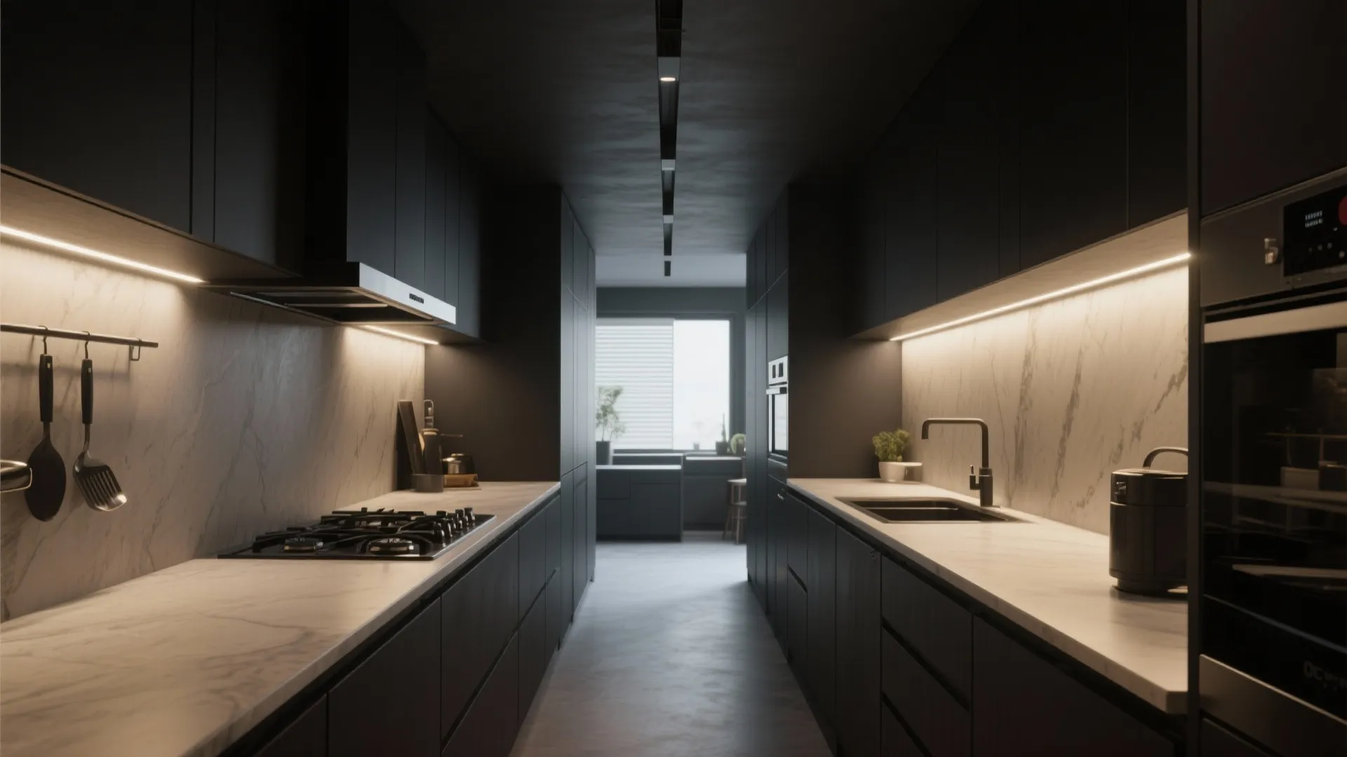 2. Blend in with dark upper cabinets for a seamless wall