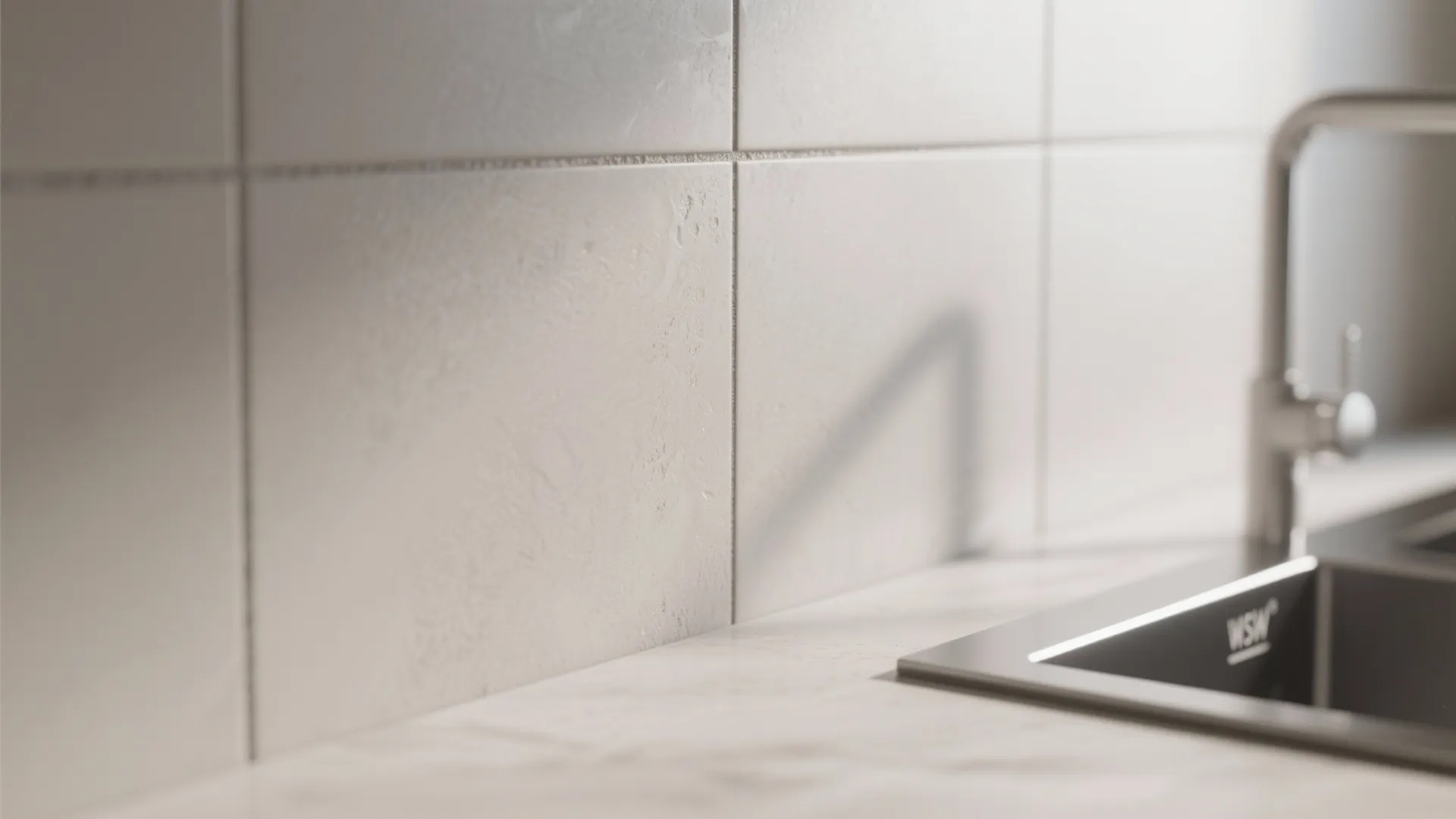 Square white wall tiles above a kitchen countertop with a silver sink and metal water tap