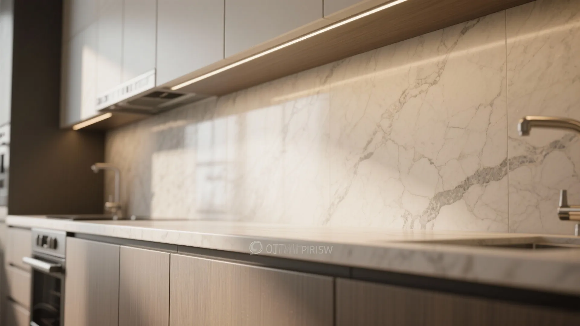 Modern kitchen with white marble wall panel wooden cabinets sink and warm light fixture under