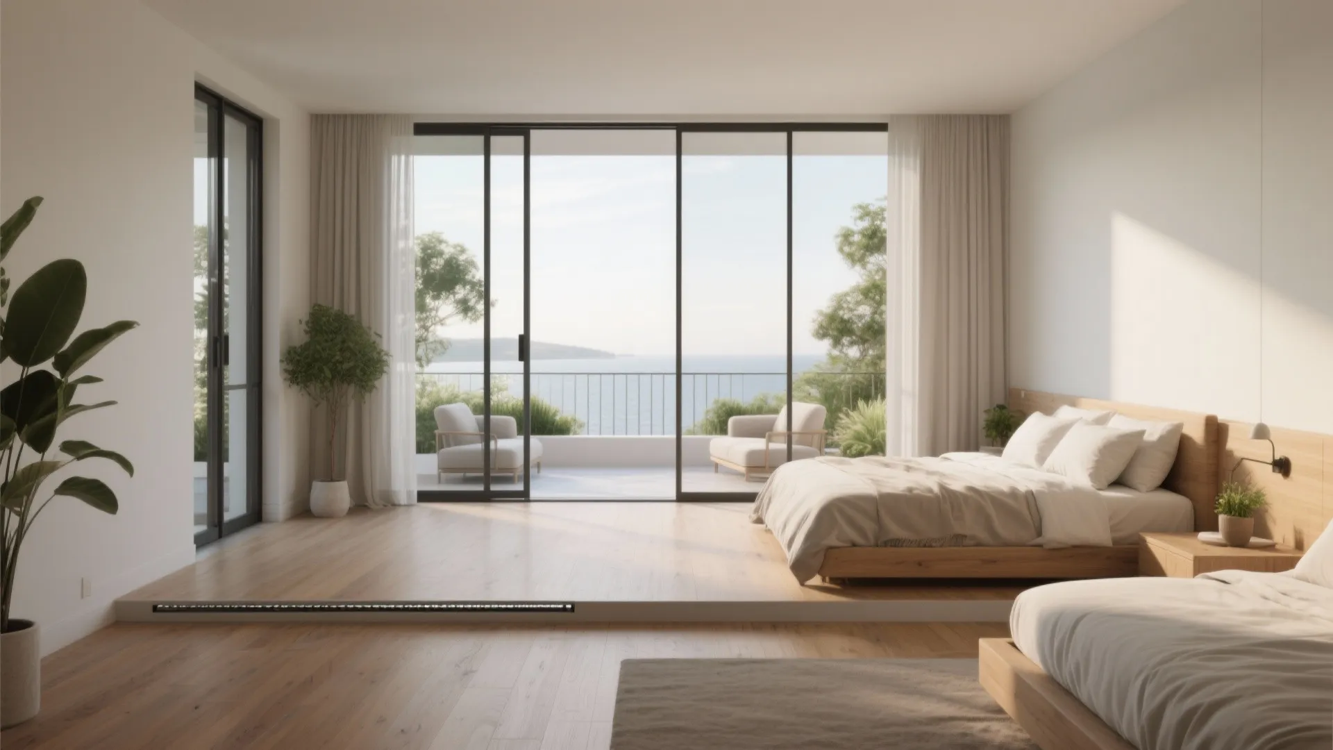Bright master bedroom with wooden furniture glass doors leading to a balcony with ocean view