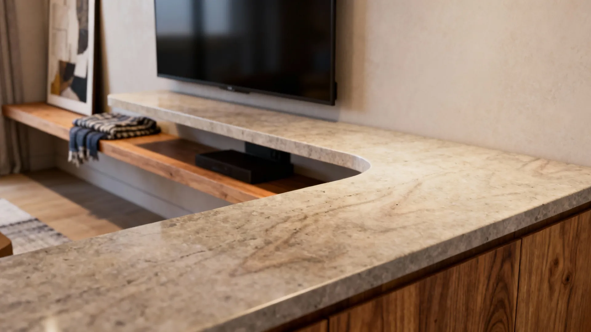 Close-up of a countertop material continuing into a floating TV console, showing matching textures and warm neutral tones.