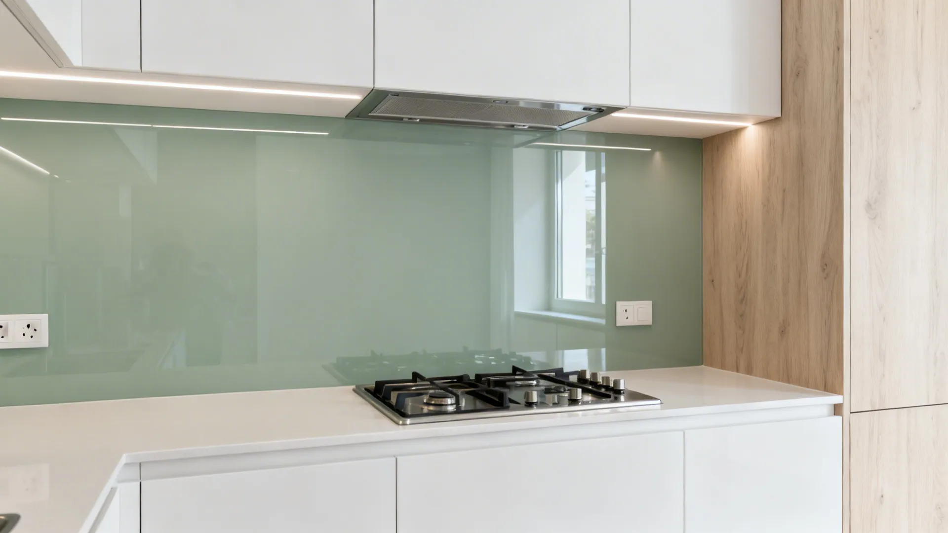 Small kitchen with a pale gray-green matte glass backsplash reflecting soft daylight.