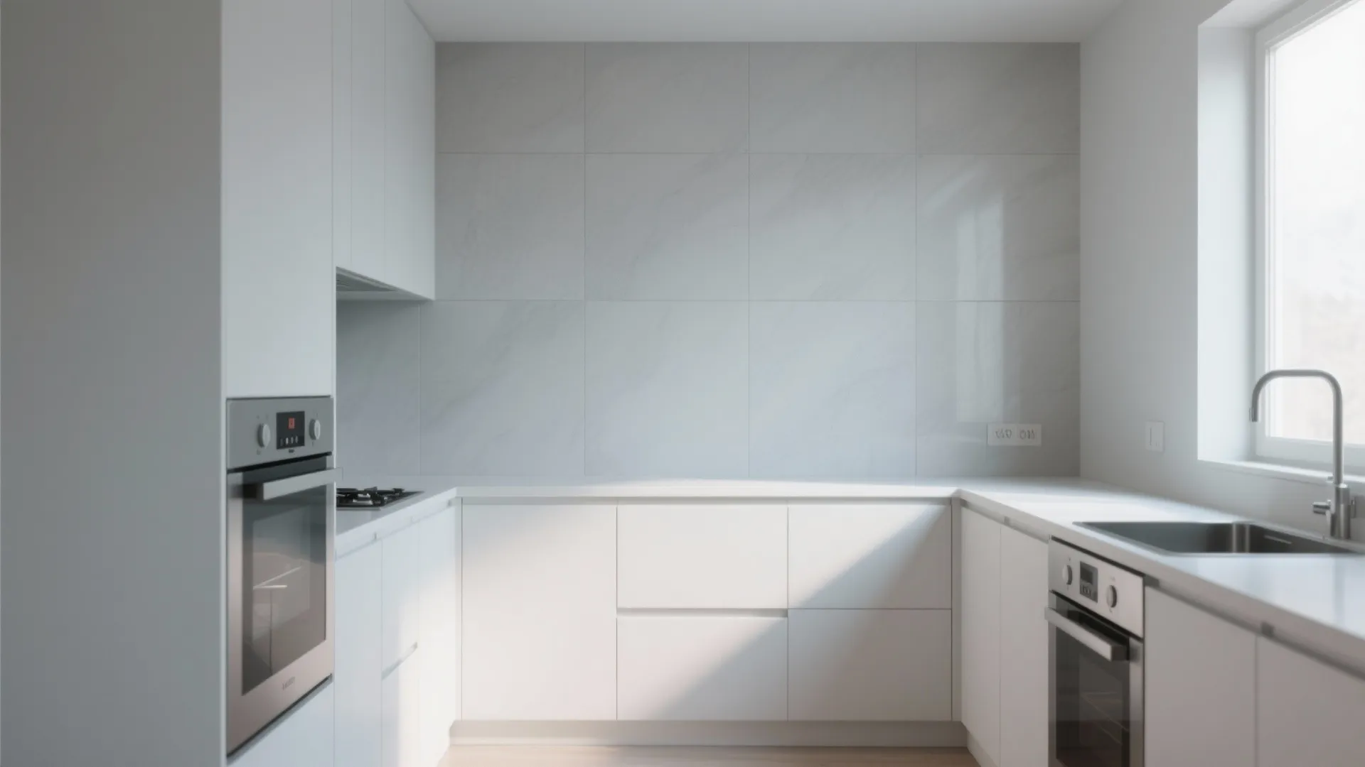 Modern white kitchen with marble wall tiles white cabinets silver oven sink and bright window