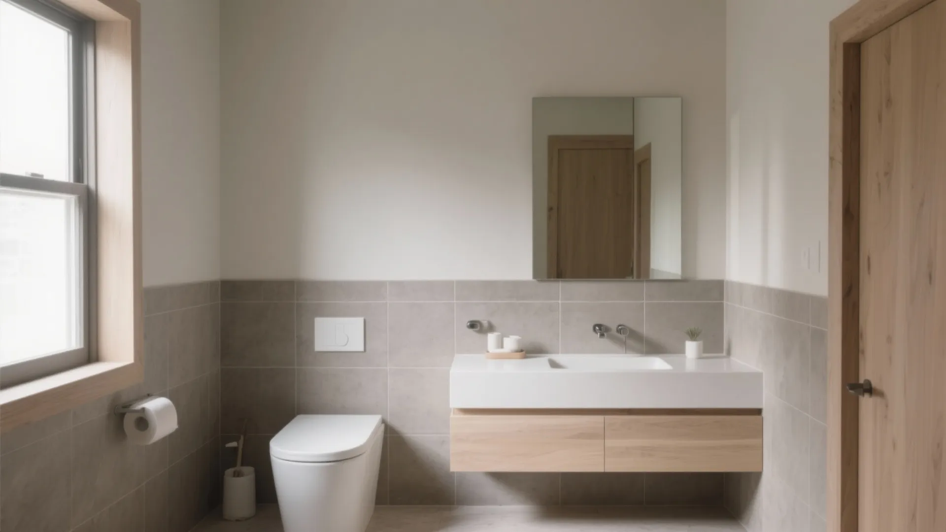 Seamless small bathroom with warm-gray tiles and perfectly color-matched grout for a calm, minimalist look.
