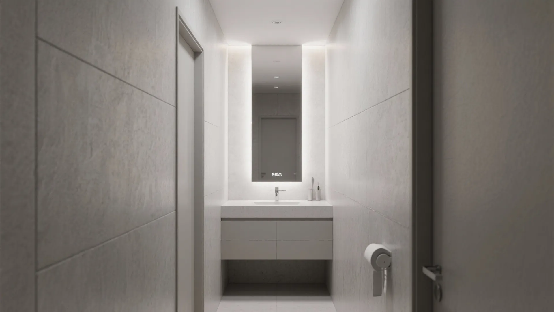 Minimalist grey narrow bathroom with white floating cabinet tall back lit mirror and tiled wall surface