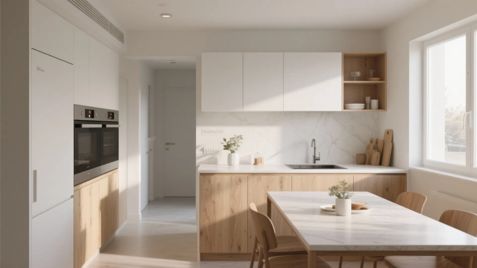 Bright minimal kitchen with white cabinets marble back splash wooden cupboards and marble top dining table