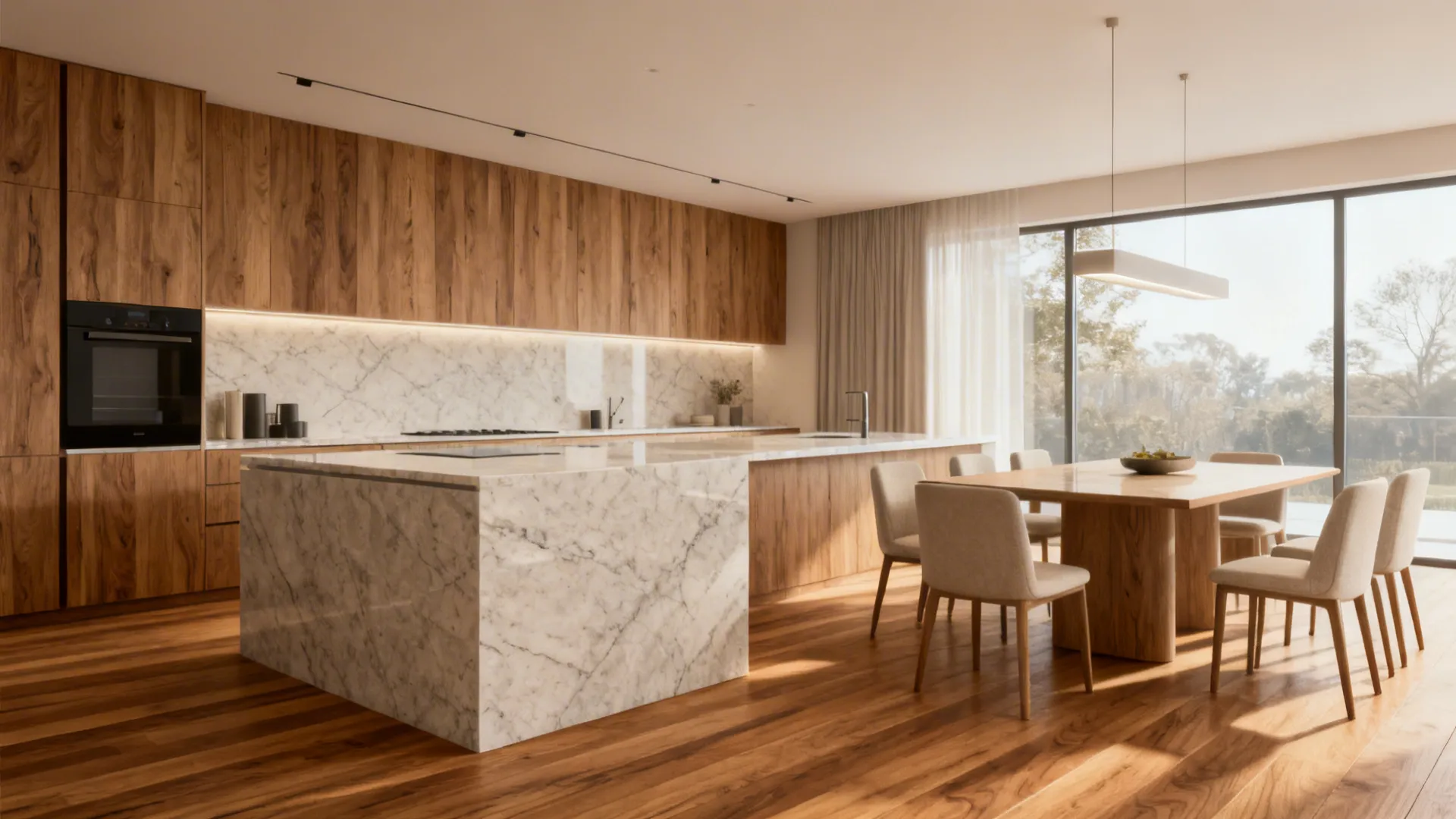 Kitchen and dining unified by continuous warm oak flooring and matching quartz surfaces under soft daylight.