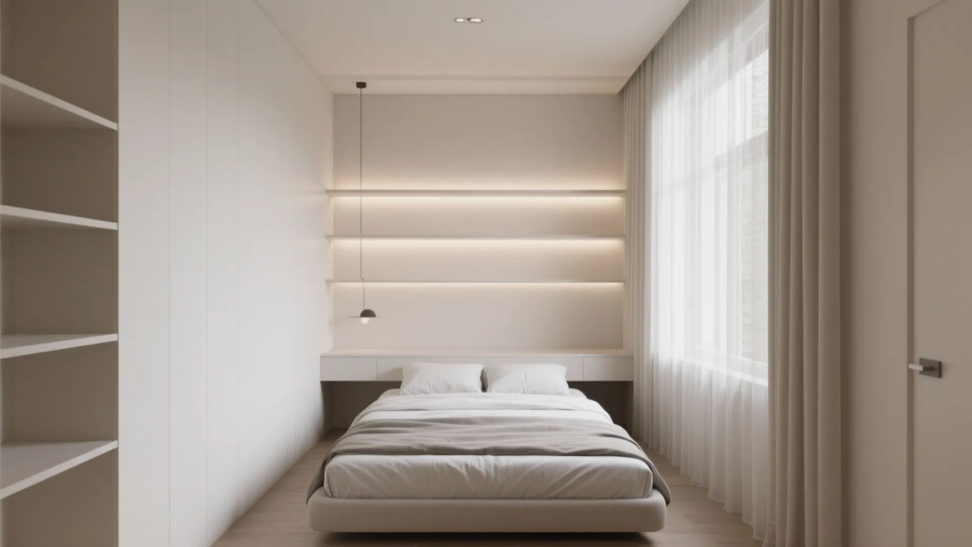 Compact bedroom with wall and ceiling painted same pale neutral, giving a taller visual impression.