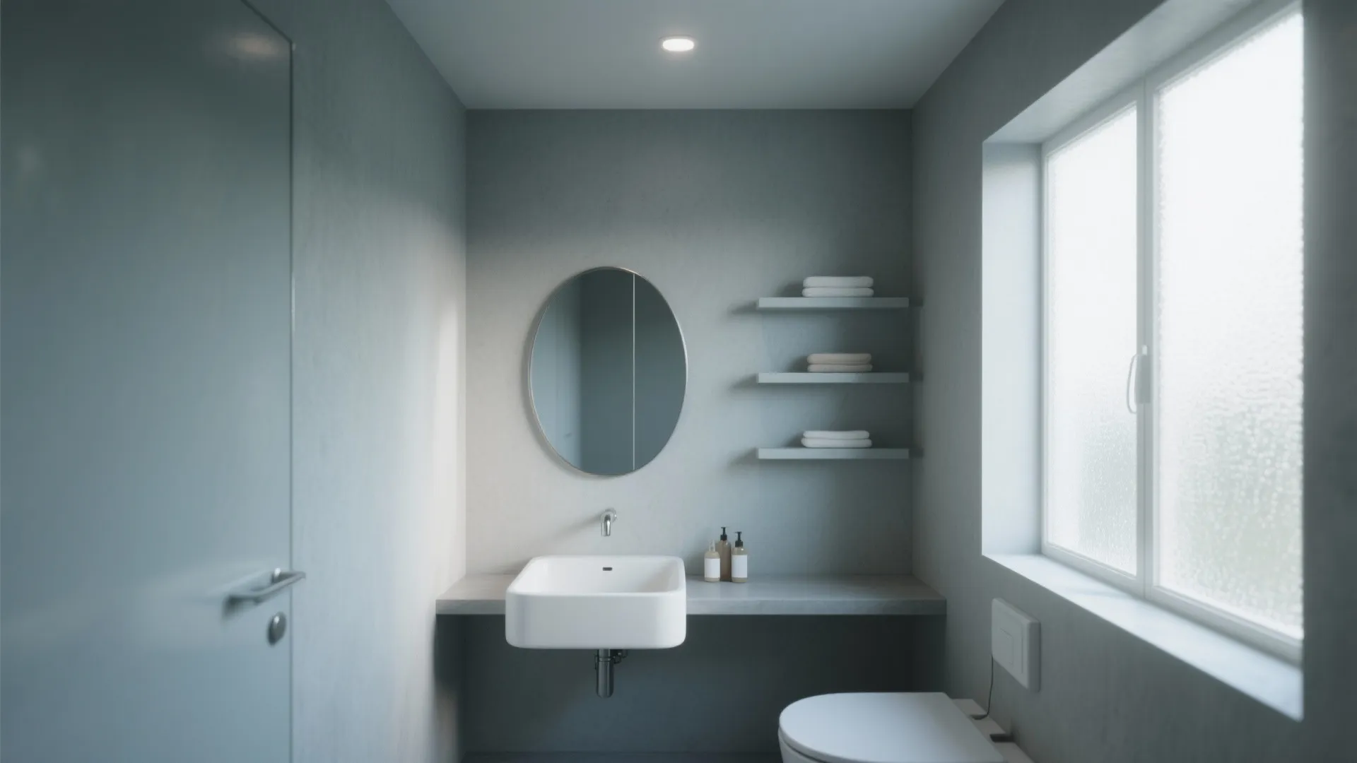 Compact bathroom where ceiling and walls share the same cool desaturated color for visual continuity.