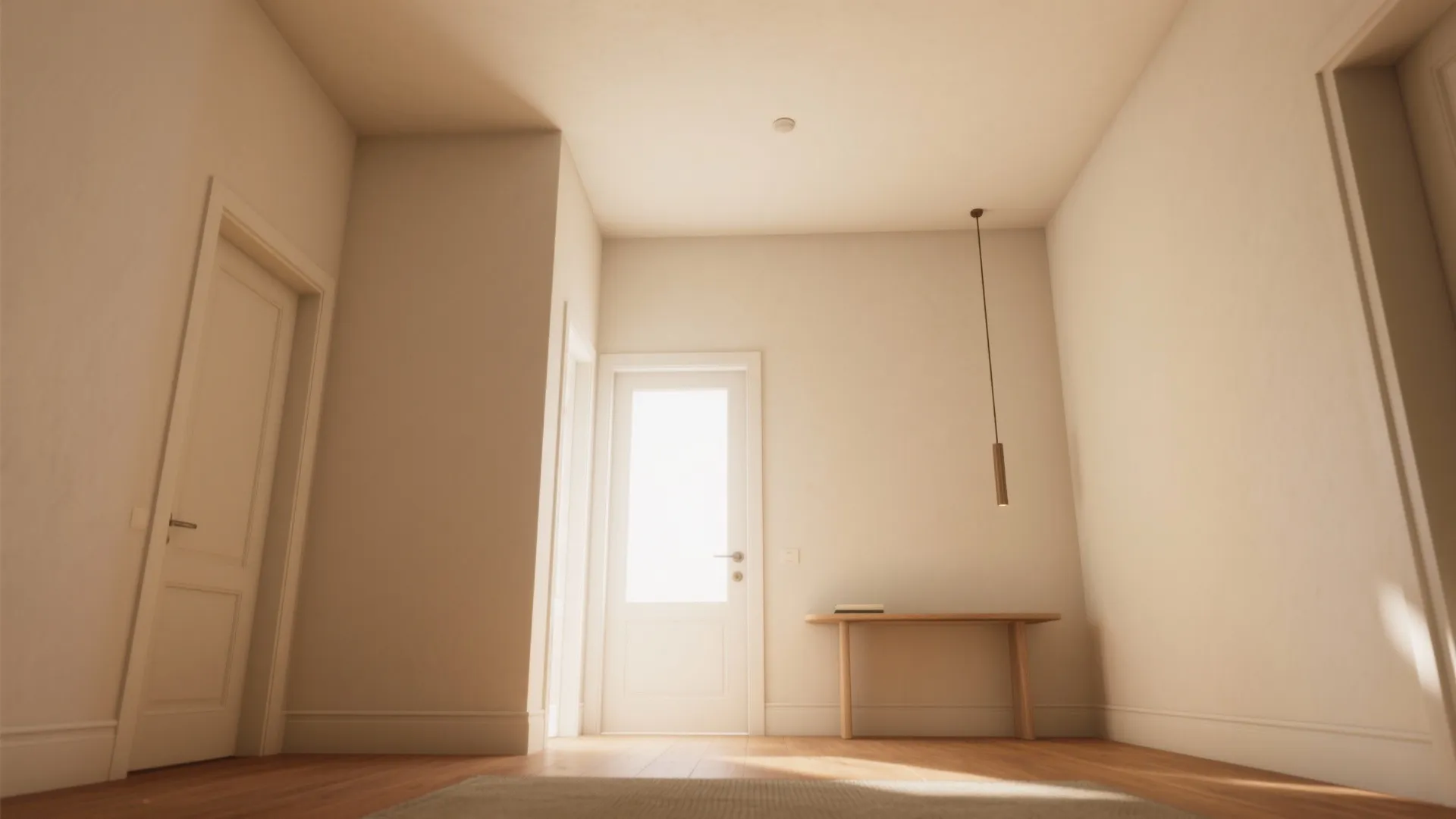 Low-ceiling entry painted with the same light warm tone on walls and ceiling to appear taller.