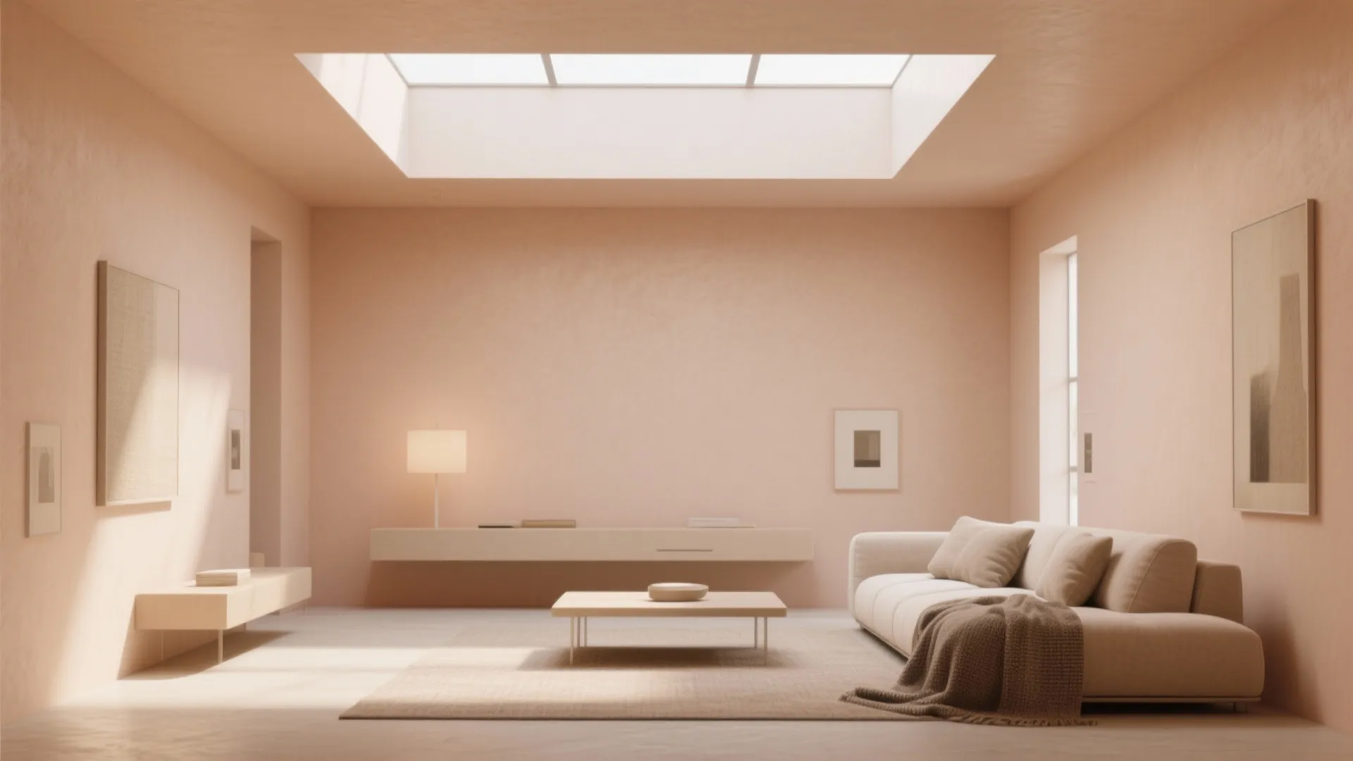 Minimalist peach monochrome living room with beige sofa low coffee table and large square skylight