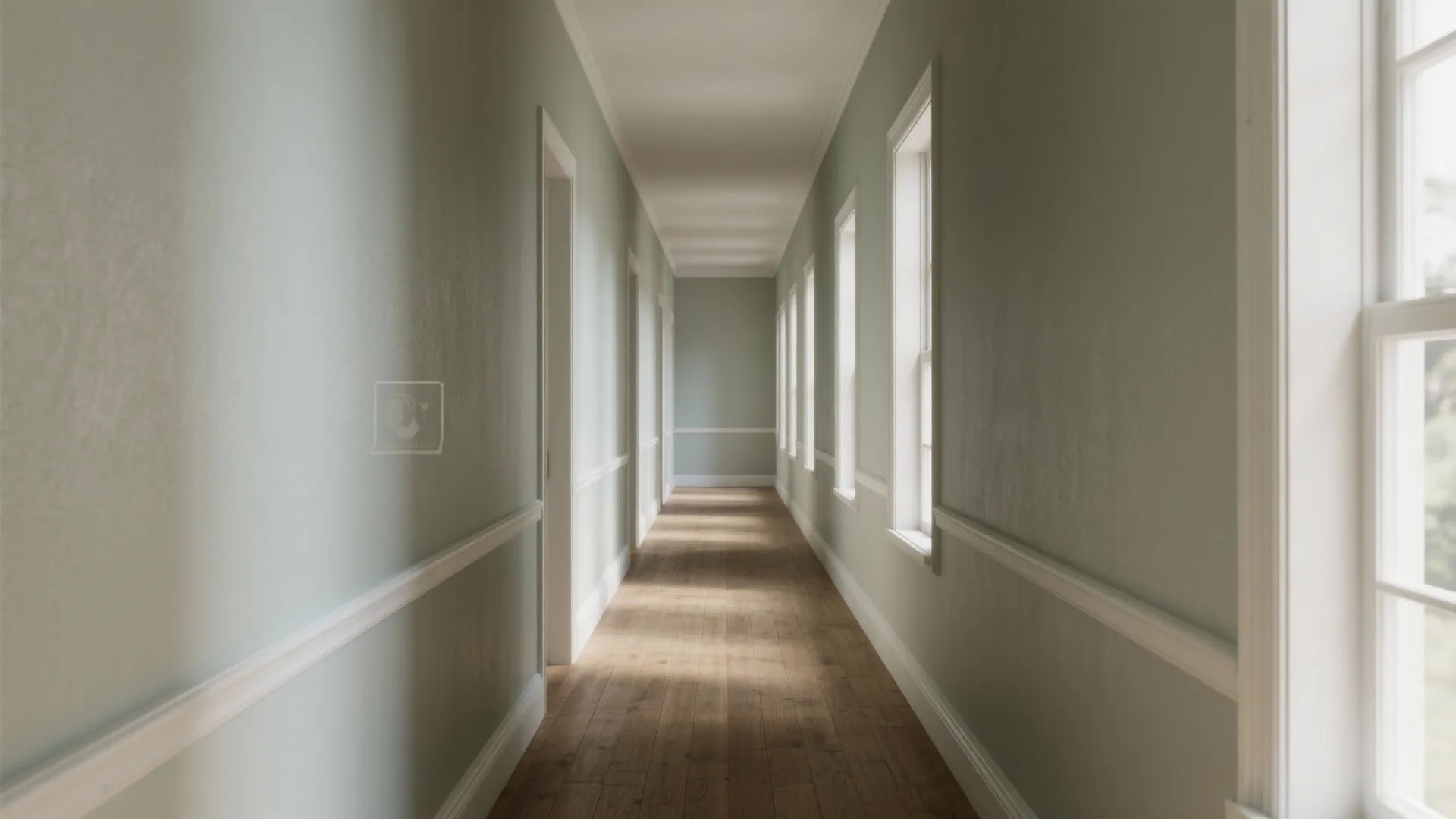 Narrow hallway where mid-tone walls and matching trim create a seamless, wider visual plane.