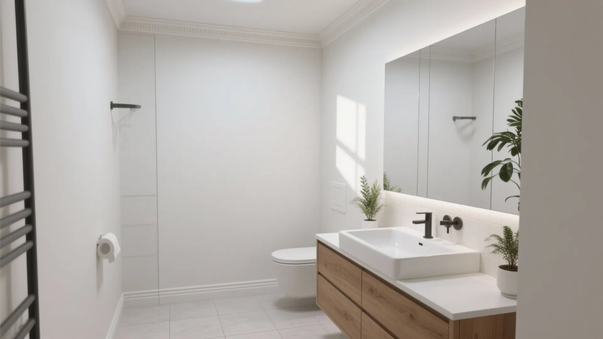 Bright white bathroom featuring wooden cabinet white vessel sink large mirror wall plants and natural light
