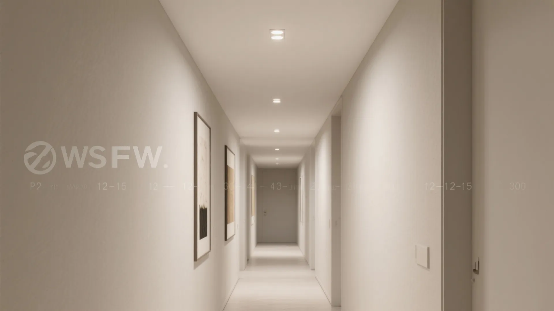 Minimalist white hallway with recessed ceiling lights wall art frames and a clean interior design