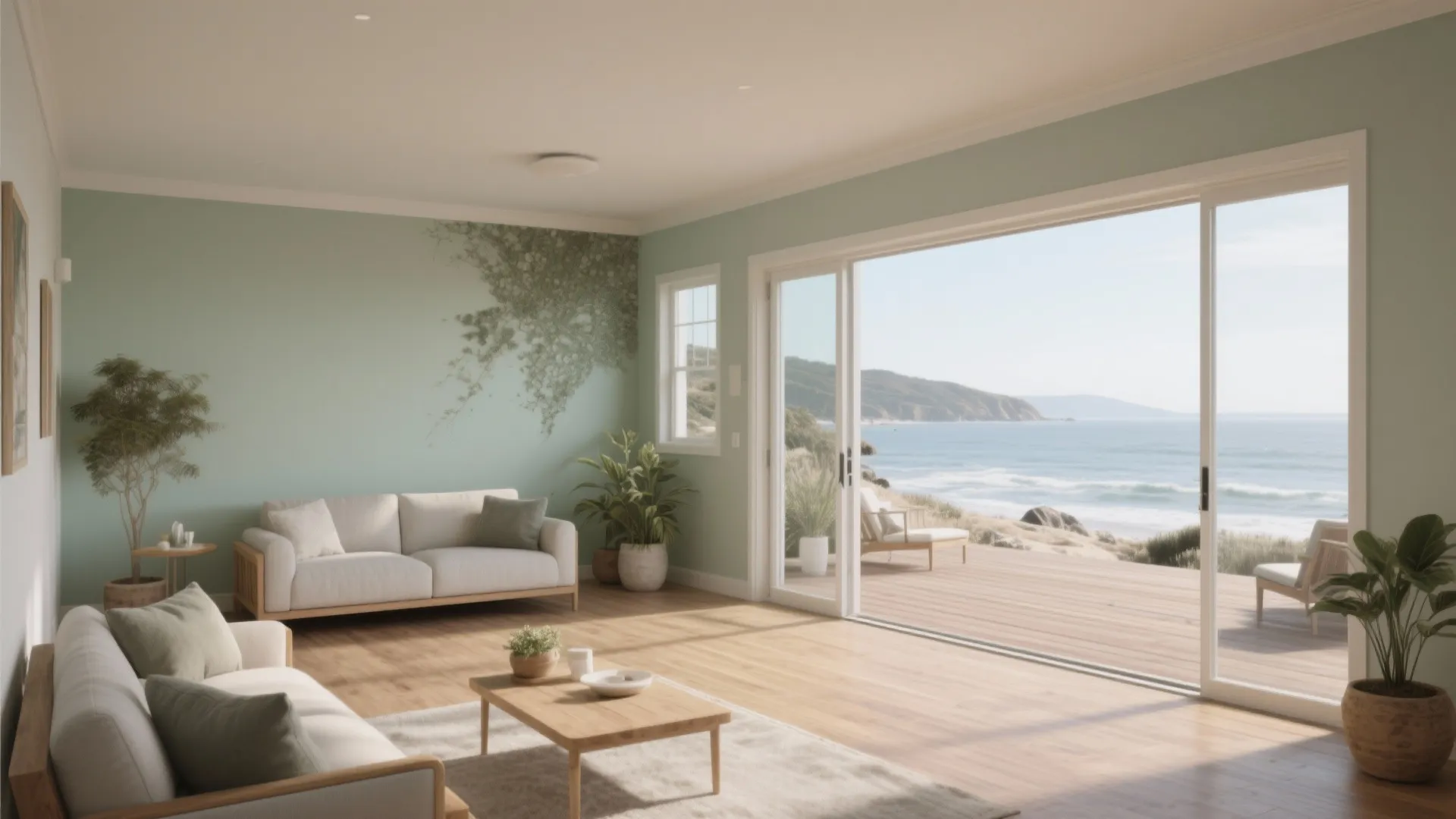 Living room and deck unified by a soft sage paint extending from the interior wall to the outdoor trim.