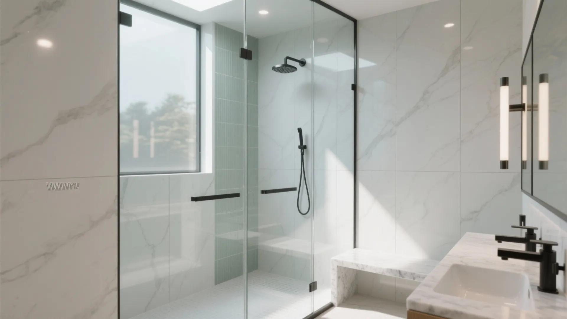 Seamless shower walls with slabs or panels reduce chemical use