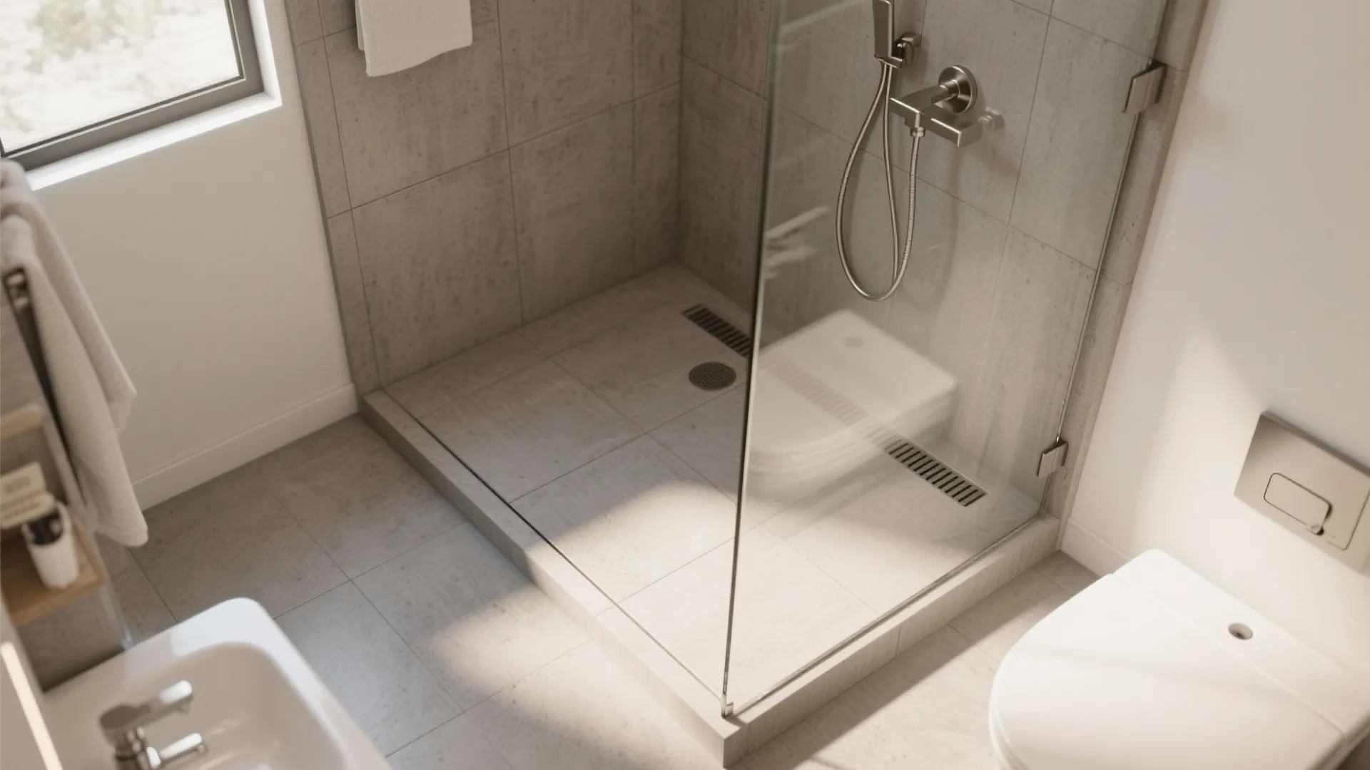 Curbless shower with large-format concrete-look tiles, linear drain, and minimal grout for a seamless effect.