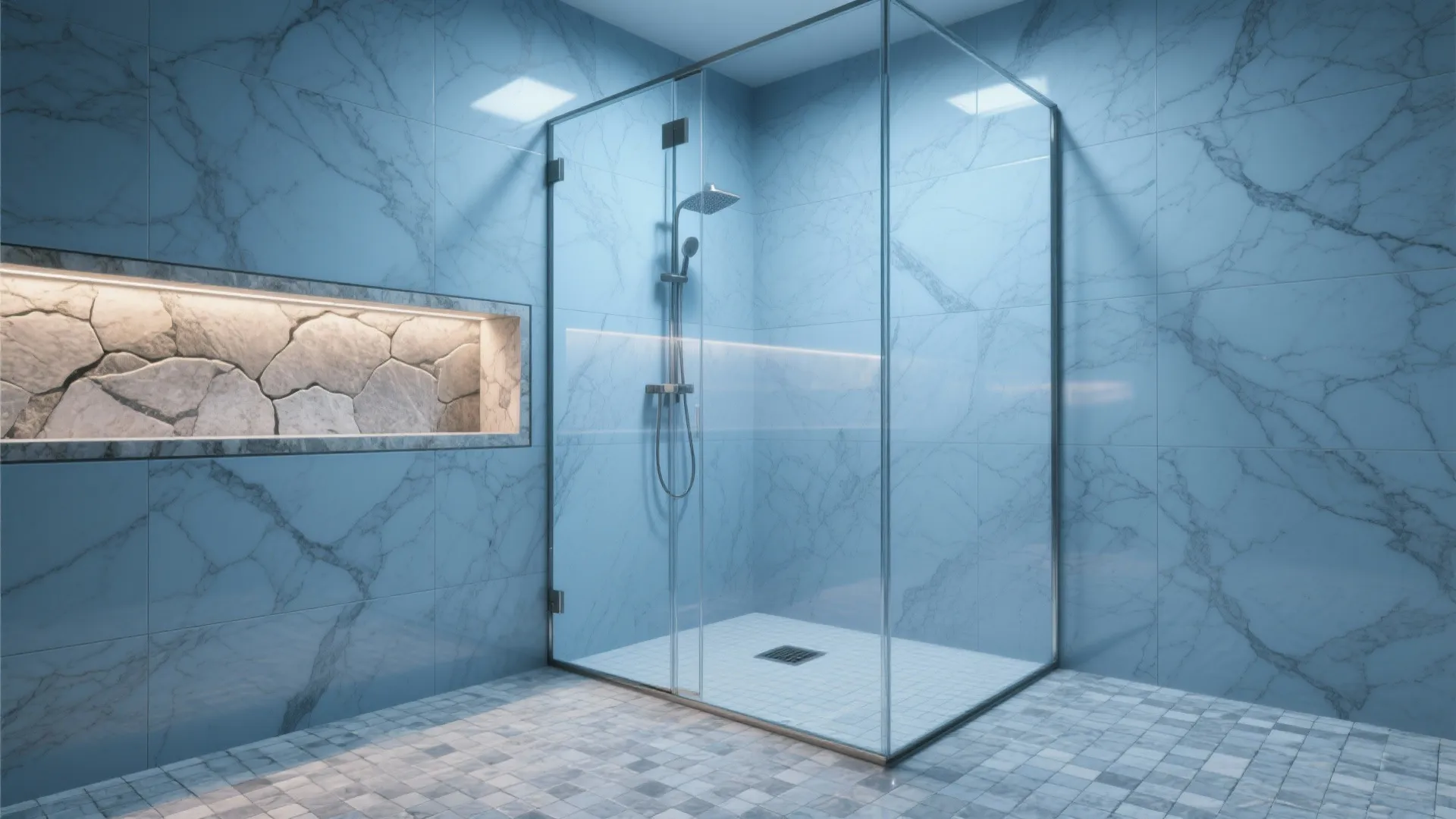 Modern blue marble bathroom with glass shower cabin stone wall shelf and grey tiled floor
