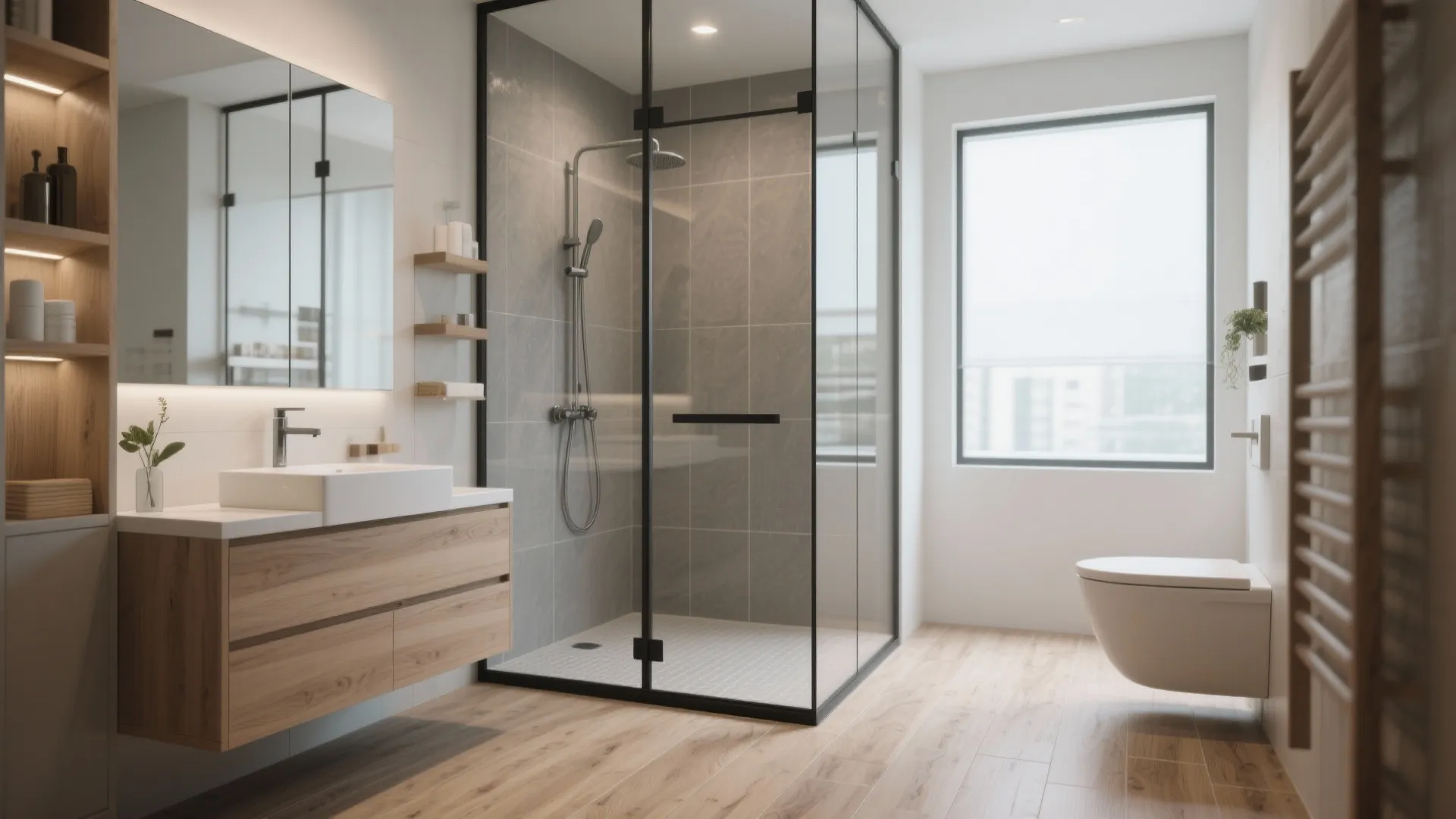 Modern bathroom with glass shower cabin wood cabinet white sink toilet and bright window light