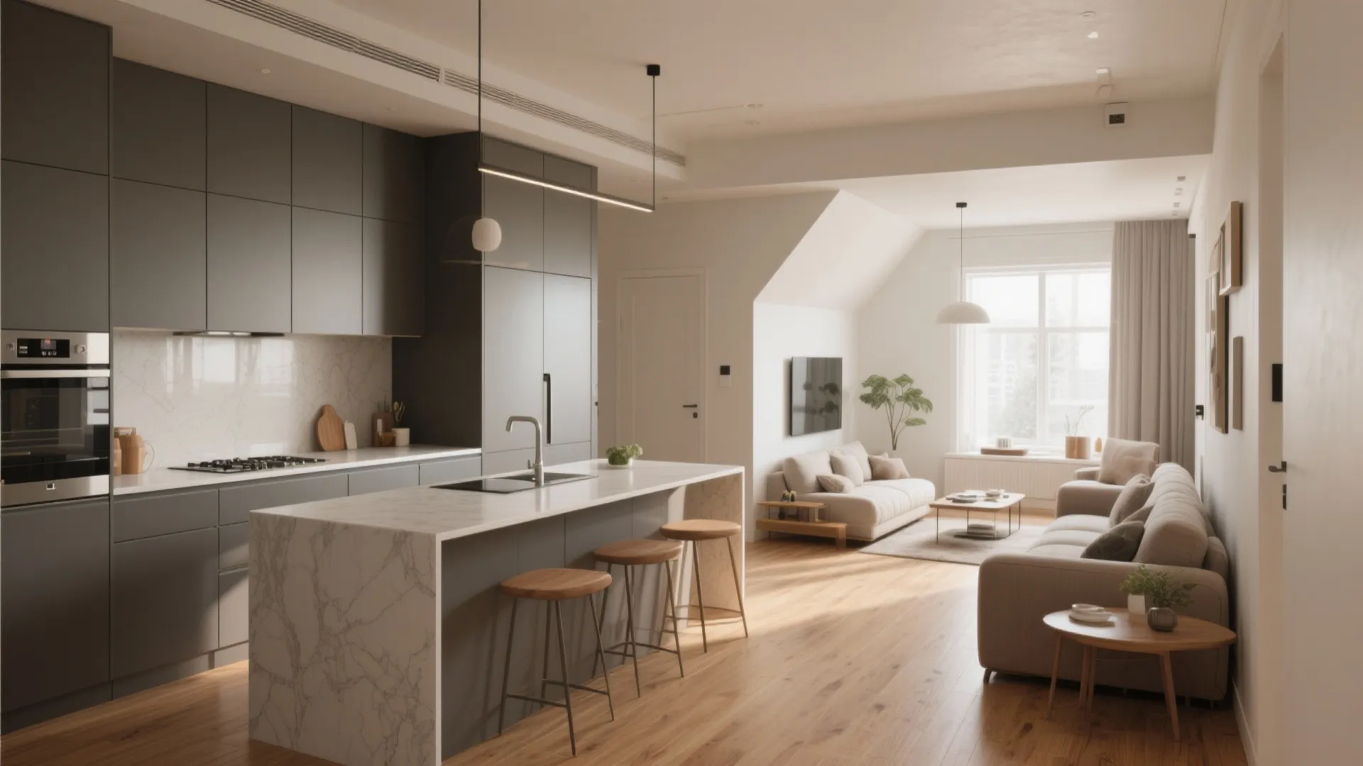 Modern kitchen with marble island grey cabinets open plan living room sofa and wooden floors